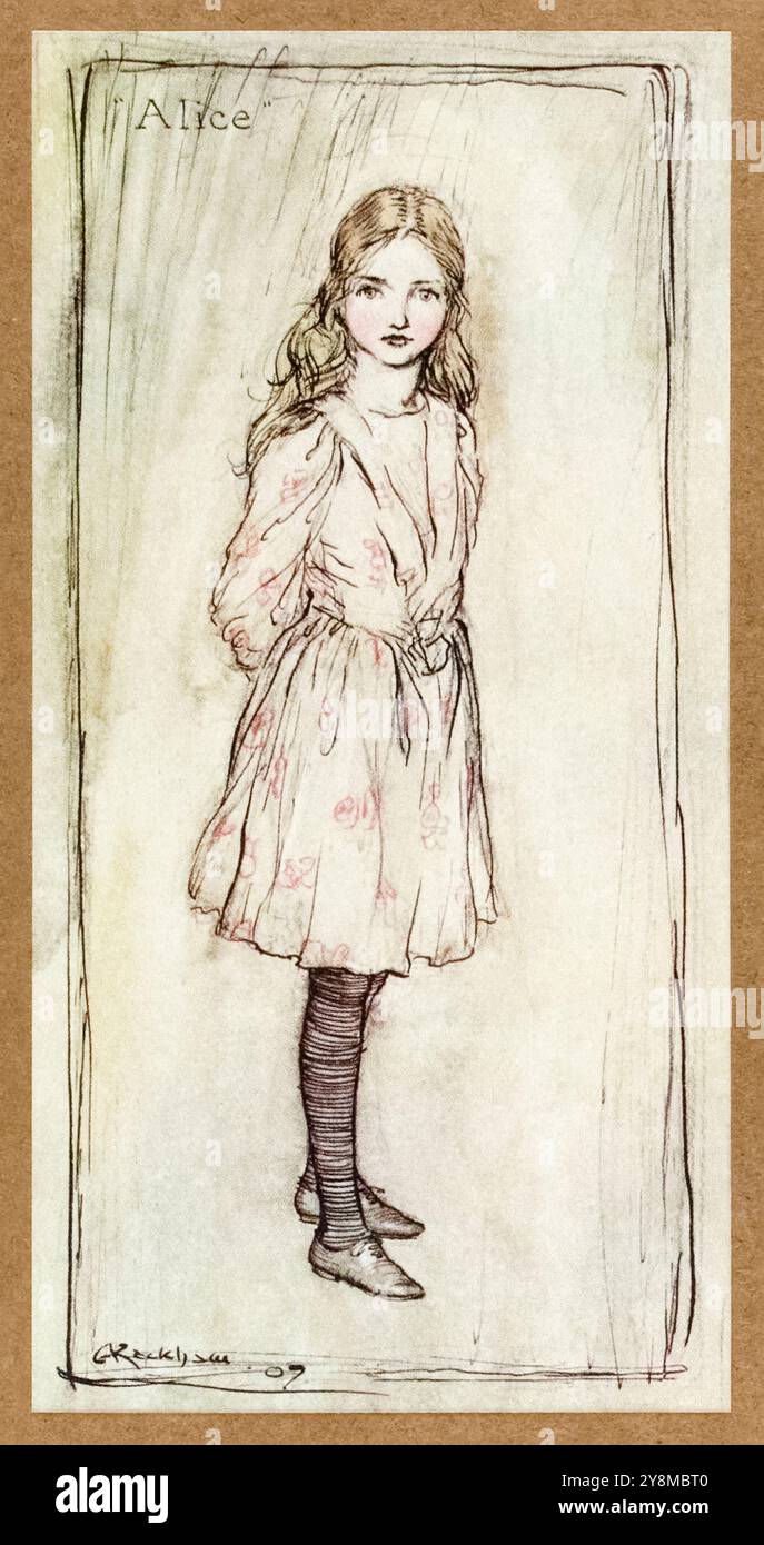 Alice in Wonderland Frontbild-Illustration aus Alice's Adventures in Wonderland von Lewis Carroll (1832–1898), Kunstwerk von Arthur Rackham (1867–1939). Foto aus einer ersten Ausgabe von 1907 mit Rackhams Illustrationen, veröffentlicht von William Heinemann, London und Doubleday, Page & Co, New York. Foto: AF Fotografie / Private Collection Stockfoto