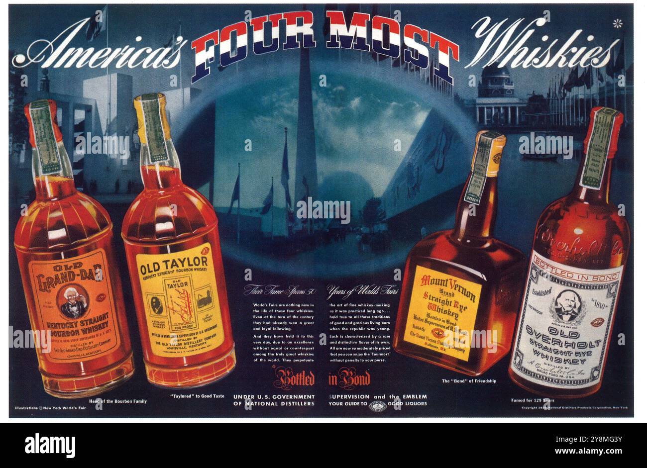 1938 Amerikas Four Most Whiskey Ad - Old Grand-Dad, Old Taylor, Mount Vernon, Old Overholt Whiskeys Stockfoto