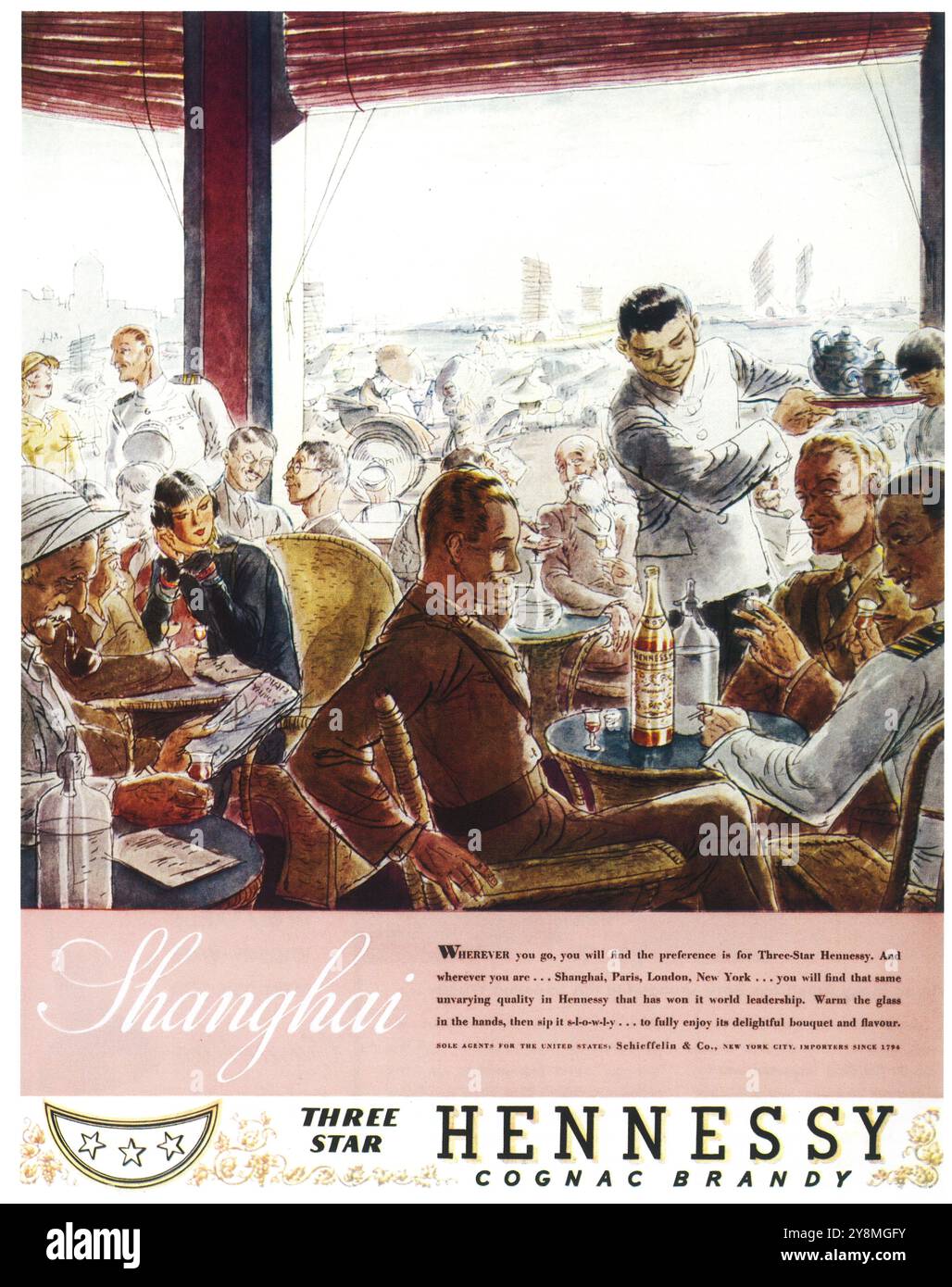 1934 Hennessy Cognac Brandy Ad - Shanghai China Military Club Stockfoto