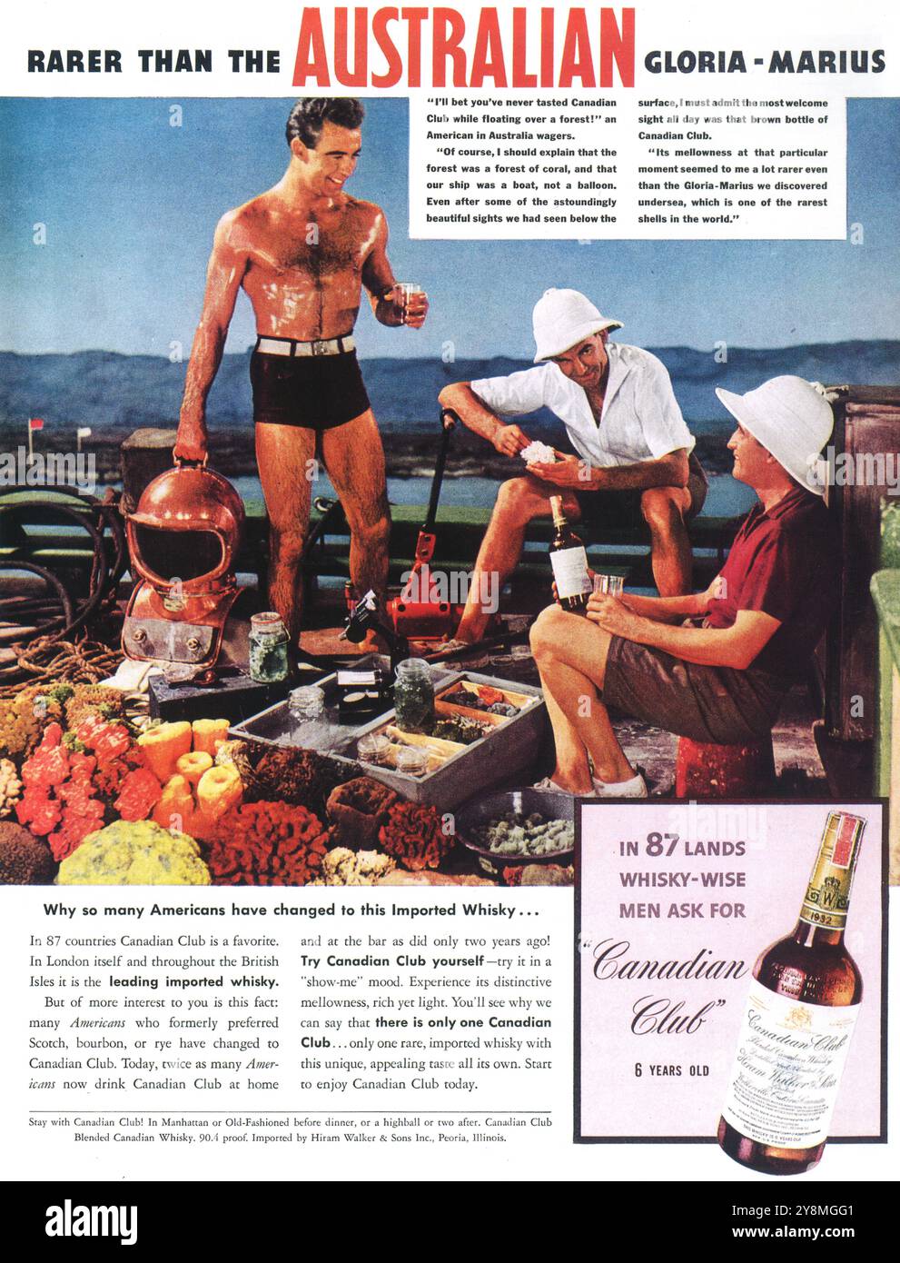 1939 Canadian Club Whiskey Ad – „Rarer than Australian Gloria-Marius“ Stockfoto