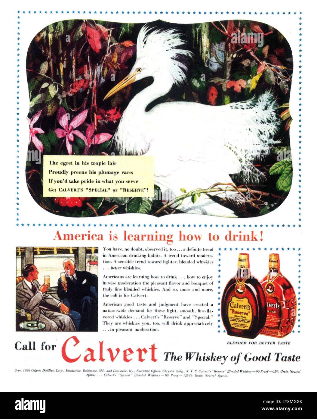 1938 Calvert's Whiskey-Werbespot - großartige Kunst des weißen Reihers Stockfoto