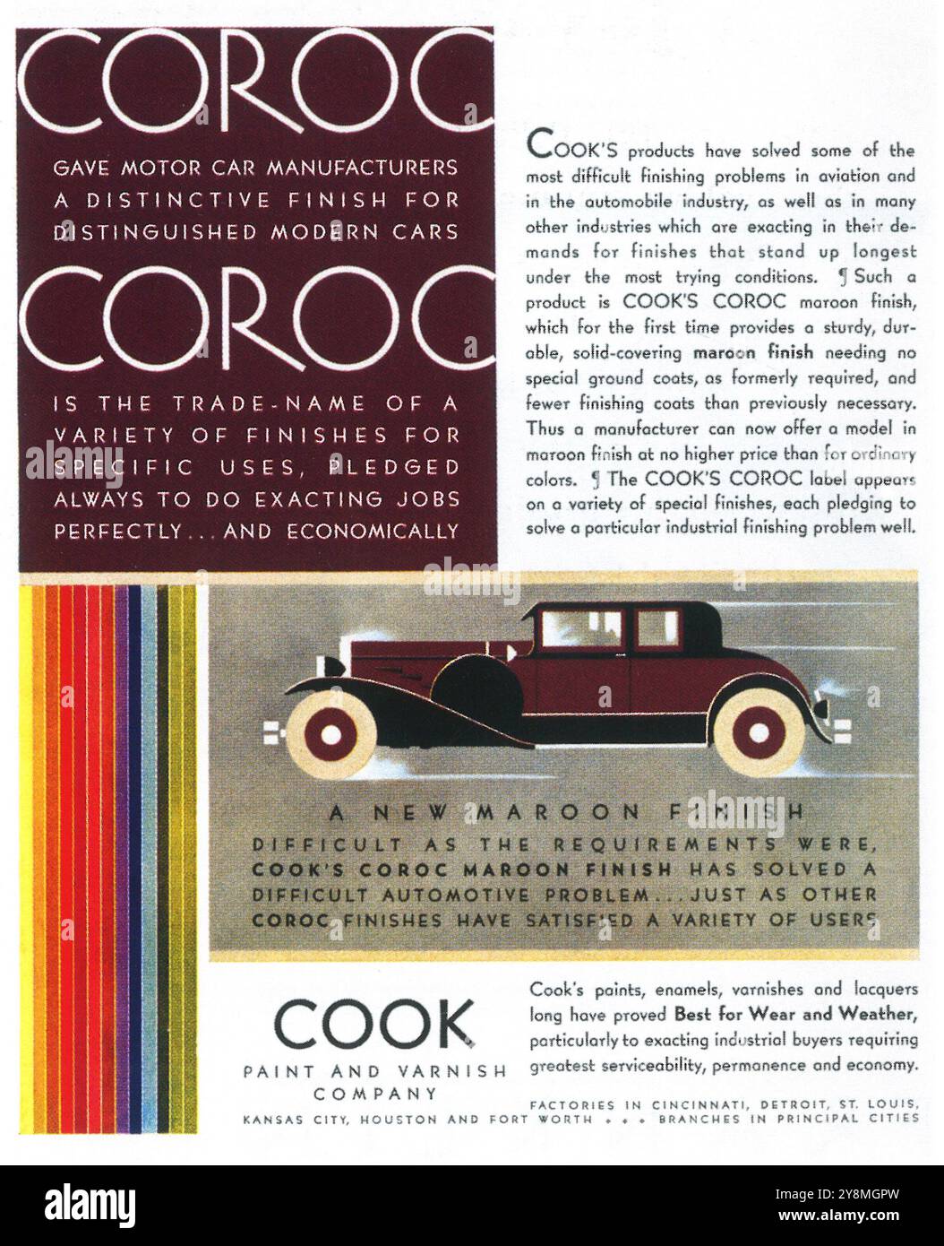 1930 Cook Paint Lack Coroc Lacke Maroon Auto Ad Stockfoto