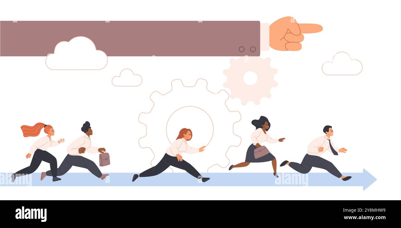 Unternehmensführung, Karrierewettlauf mit Ambitionen, Beschäftigung, unternehmerische Herausforderung. Große Hand des Arbeitgebers, Führers oder Vorgesetzten zeigt Richtung Ziel des Teams von Mitarbeitern, um Karikaturvektor Illustration zu führen Stock Vektor
