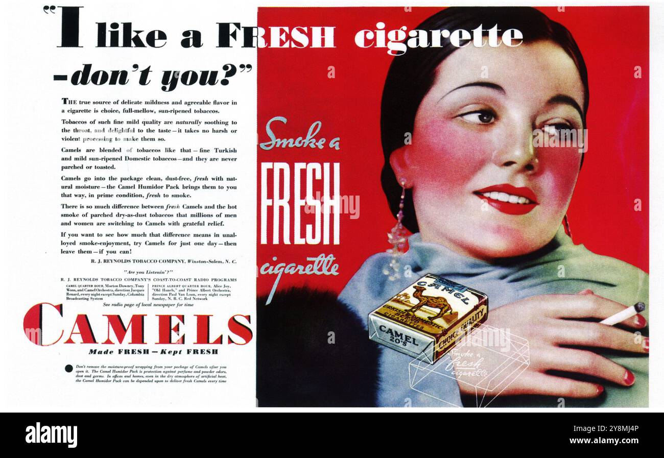 1932 Kamel-Zigaretten-Werbung - „Smoke a Fresh Cigarette“ Stockfoto