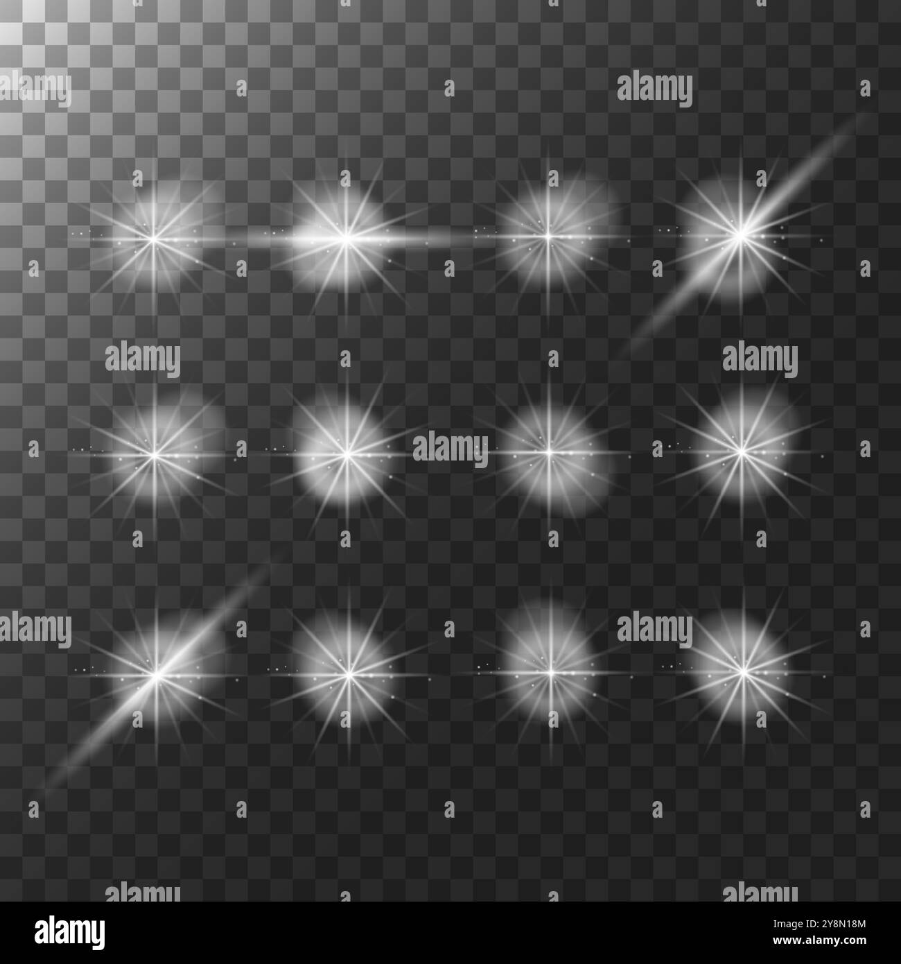 Helle, leuchtende Lichteffekte mit transparentem Hintergrund, perfekt für magische, fantasievolle oder himmlische Designs. Fügen Sie funkelnde Starbursts, Flares und hinzu Stock Vektor