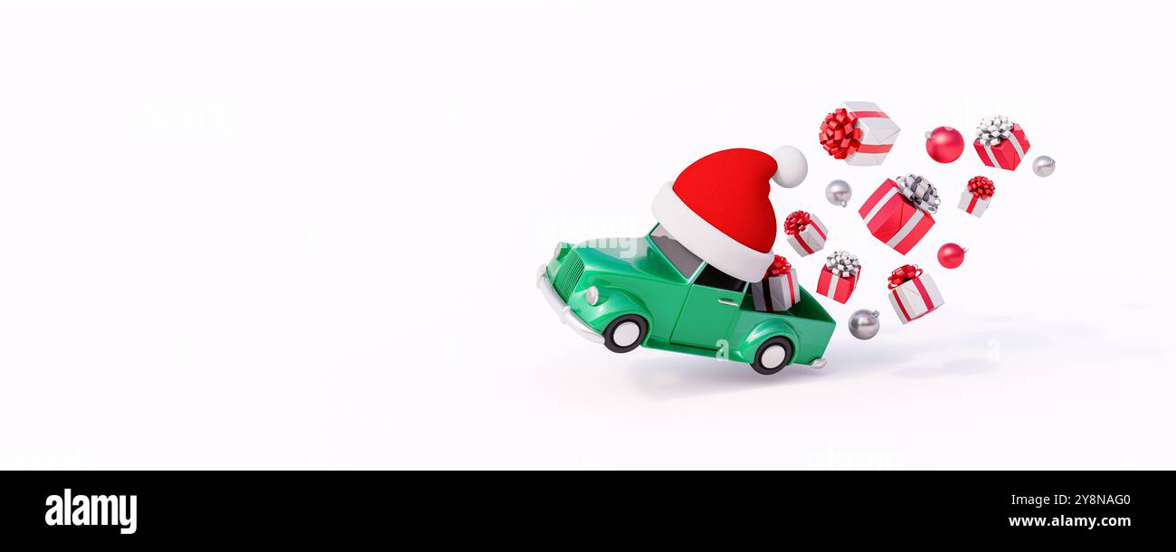Niedliches grünes Auto mit Weihnachtsmann Hut springen mit Geschenk und Weihnachtsdekorationen auf weißem Hintergrund 3D Rendern 3D Illustration Stockfoto