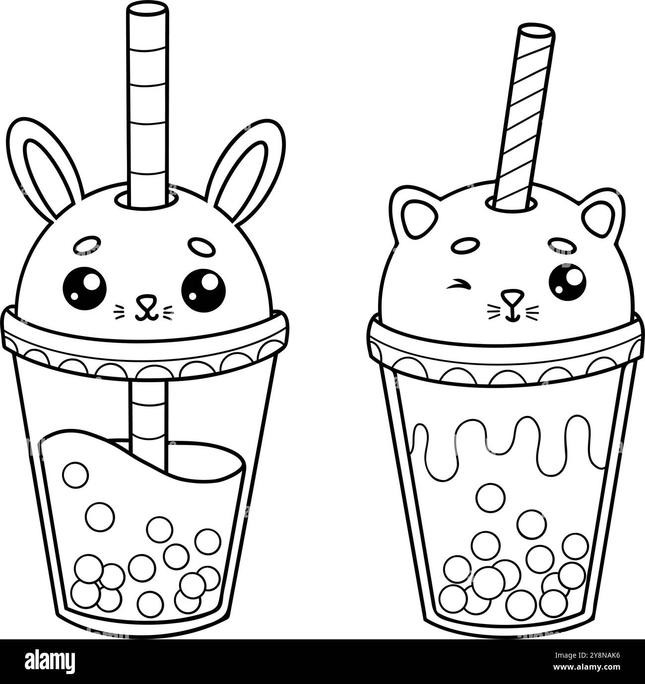 Niedliches Glas Bubble Tea Kaninchen und Katze mit Stroh. Isolierter, lustiger Cartoon-Kawaii-Charakter-Drink. Linienzeichnung, Malbuch. Vektor Stock Vektor