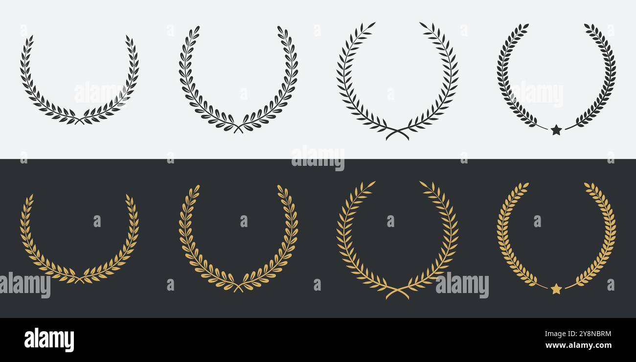 Laurel Wreath Symbolsatz. Alte Lorbeerkränze. Sammlung schwarzer Lorbeerzweige. Handgezeichnete Silhouette Lorbeerkränze isolierte Rahmen. Stock Vektor