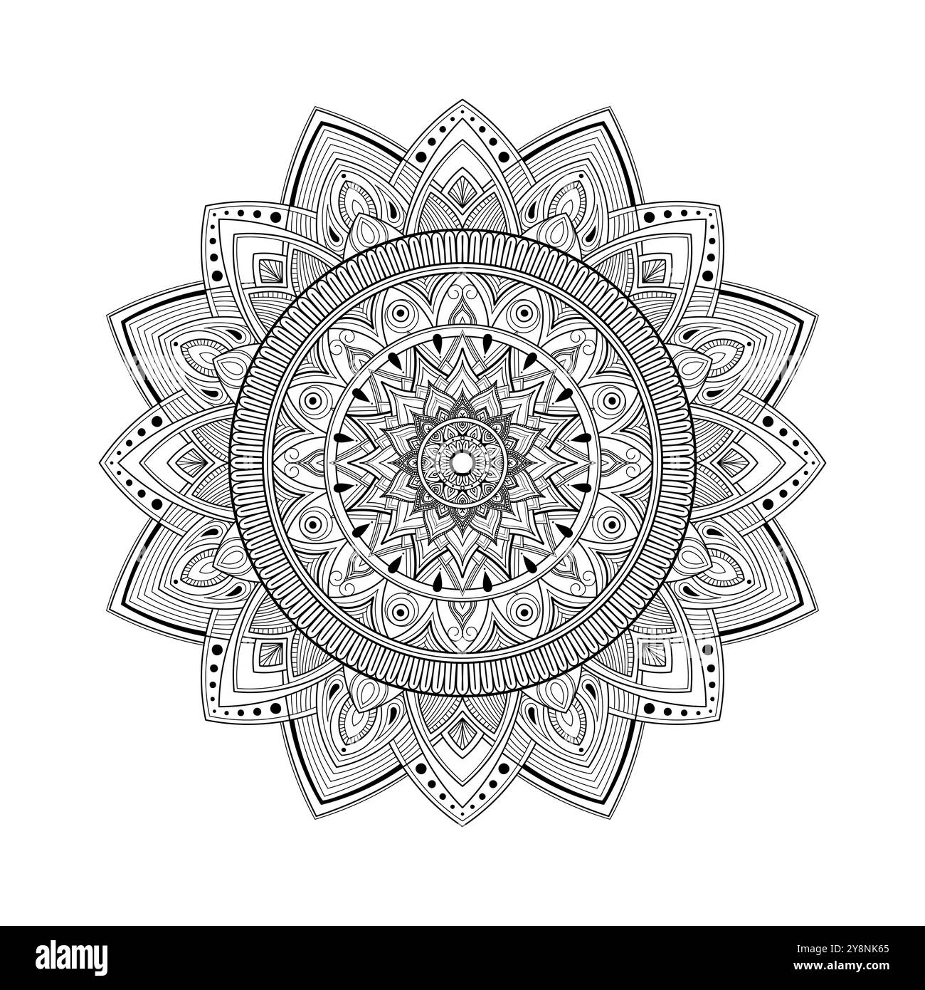 Mandala Malseite mit geometrischen Mustern und Blütenblättern an den Kanten. Symmetrisches abstraktes Bildmaterial. Vektorabbildung Stock Vektor