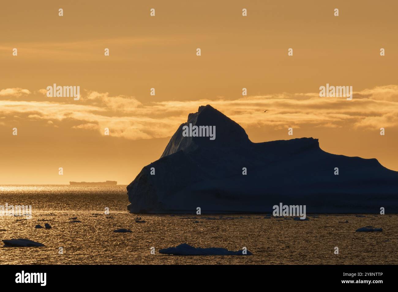 Großer blauer Eisberg mit gelbem Sonnenuntergang Stockfoto