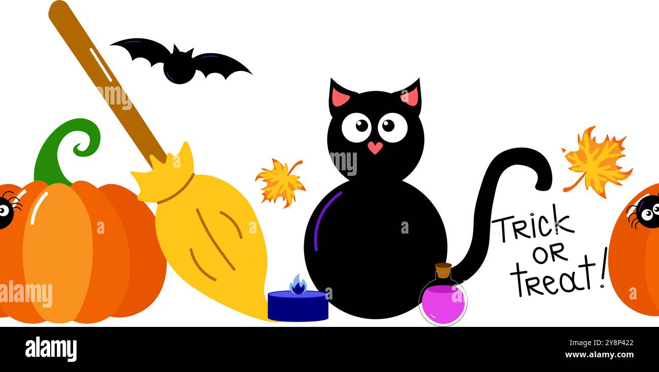 Niedliche Hand gezeichnete Halloween nahtlose Vektormuster Grenze mit Kürbis, schwarze Katze, Kerze, großartig für Textilien, Oberflächen, Banner, Hintergrundbilder Stock Vektor