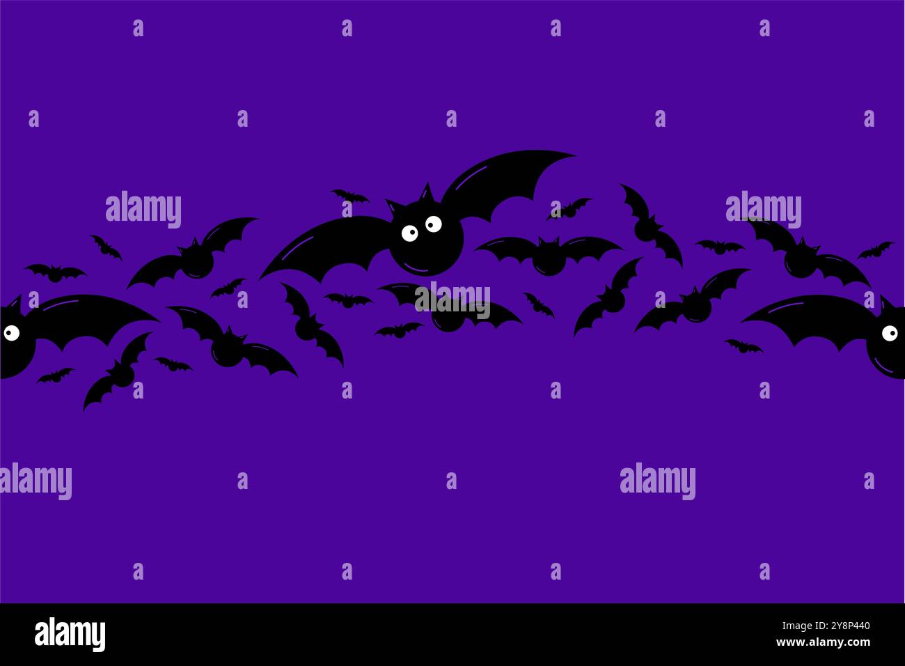 Fliegende Fledermäuse an Halloween. Dekorationselement aus verstreuten Silhouetten. Oberer Vektorrahmen. Stock Vektor
