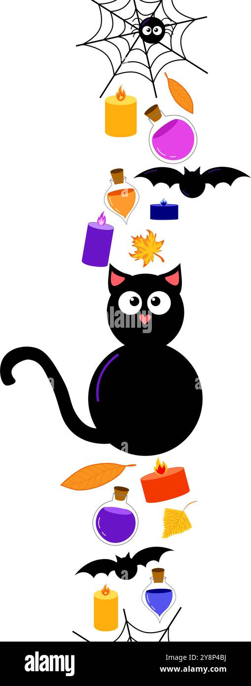 Gruselige Silhouetten an Halloween-Grenze, Weihnachtsdekoration. Schwarzes vertikales Vektormuster mit schwarzer Katze, Kerzen, Fledermäuse, Web, Spinne, Gift Stock Vektor