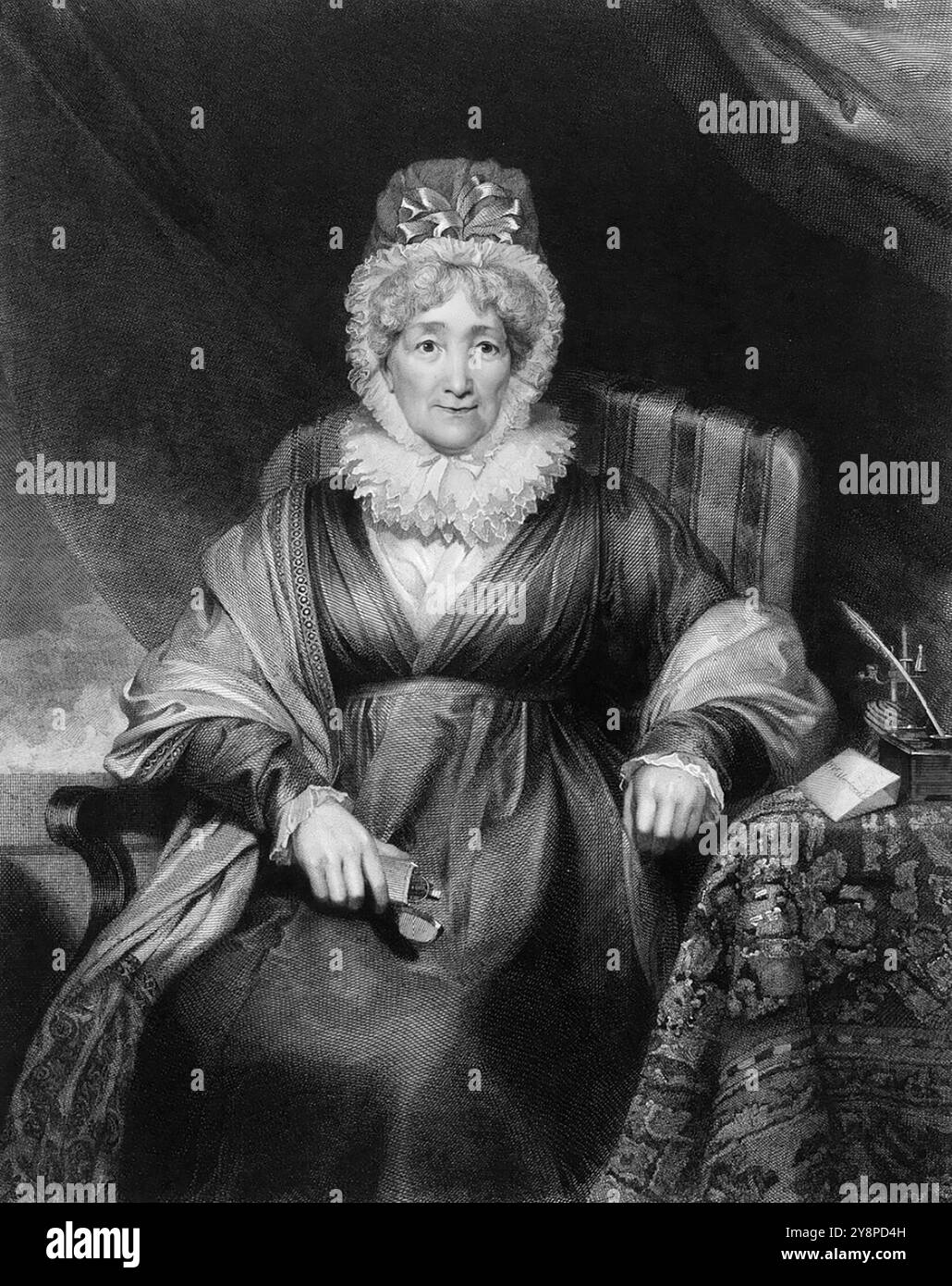 Hannah Mehr. Porträt des englischen Dichters und religiösen Schriftstellers Hannah More (1745–1833, Stich von William Henry Worthington, 1824 nach einem Gemälde von Henry William Pickersgil, 1821 Stockfoto