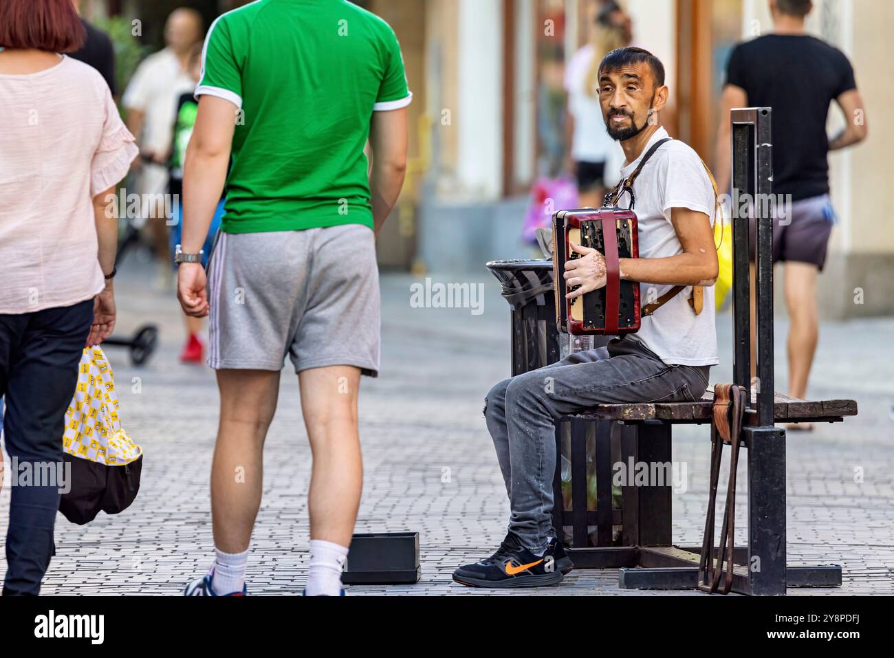 Ein Mann spielt Akkordeon in den Straßen von Oradea Stockfoto