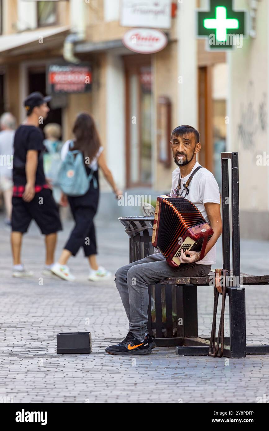 Ein Mann spielt Akkordeon in den Straßen von Oradea Stockfoto