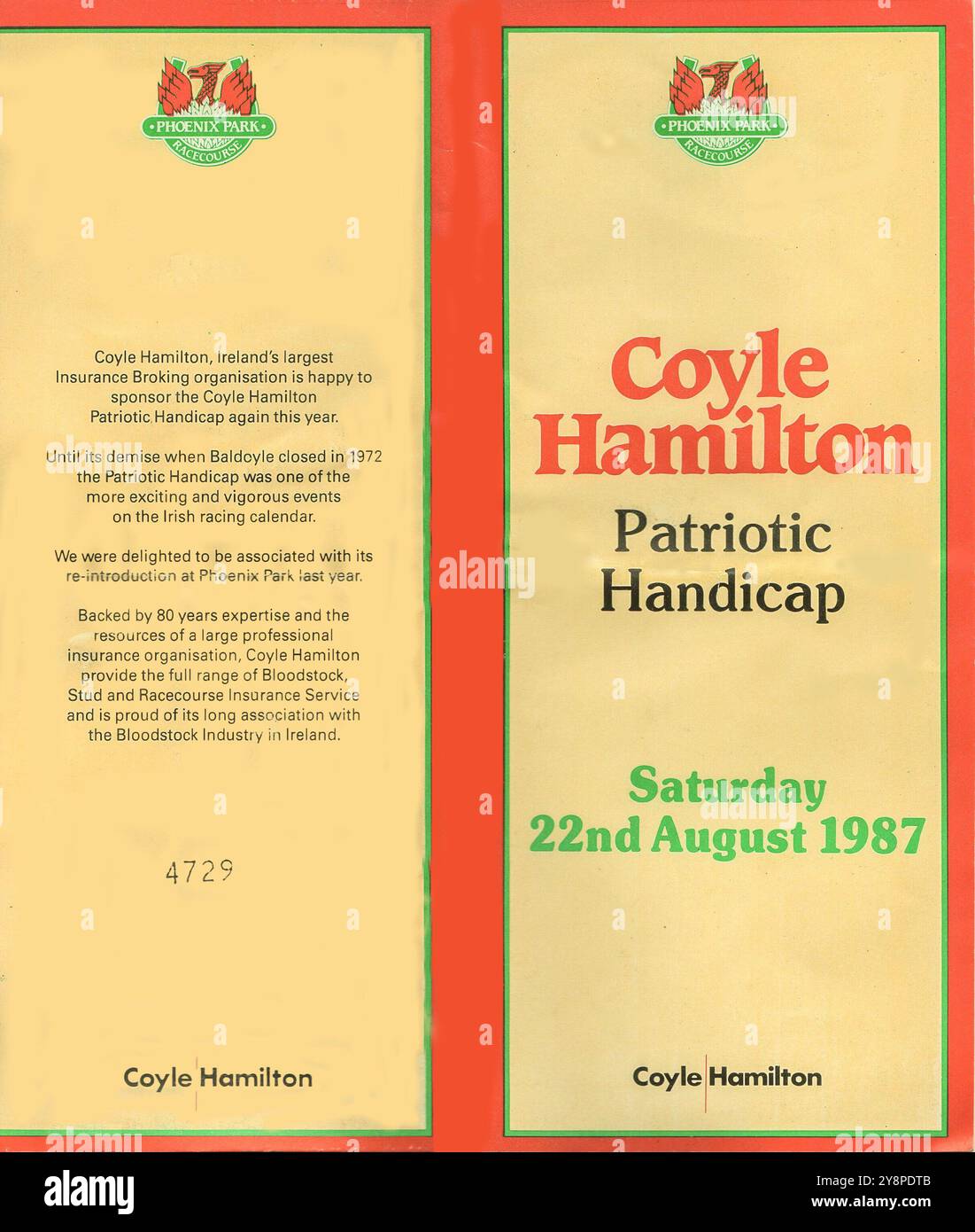 Die Titelseite der Coyle Hamilton Patriotic Handicap Racecard, die im August 1987 auf der Phoenix Park Racecourse in Dublin, Irland, ausgetragen wurde. Stockfoto