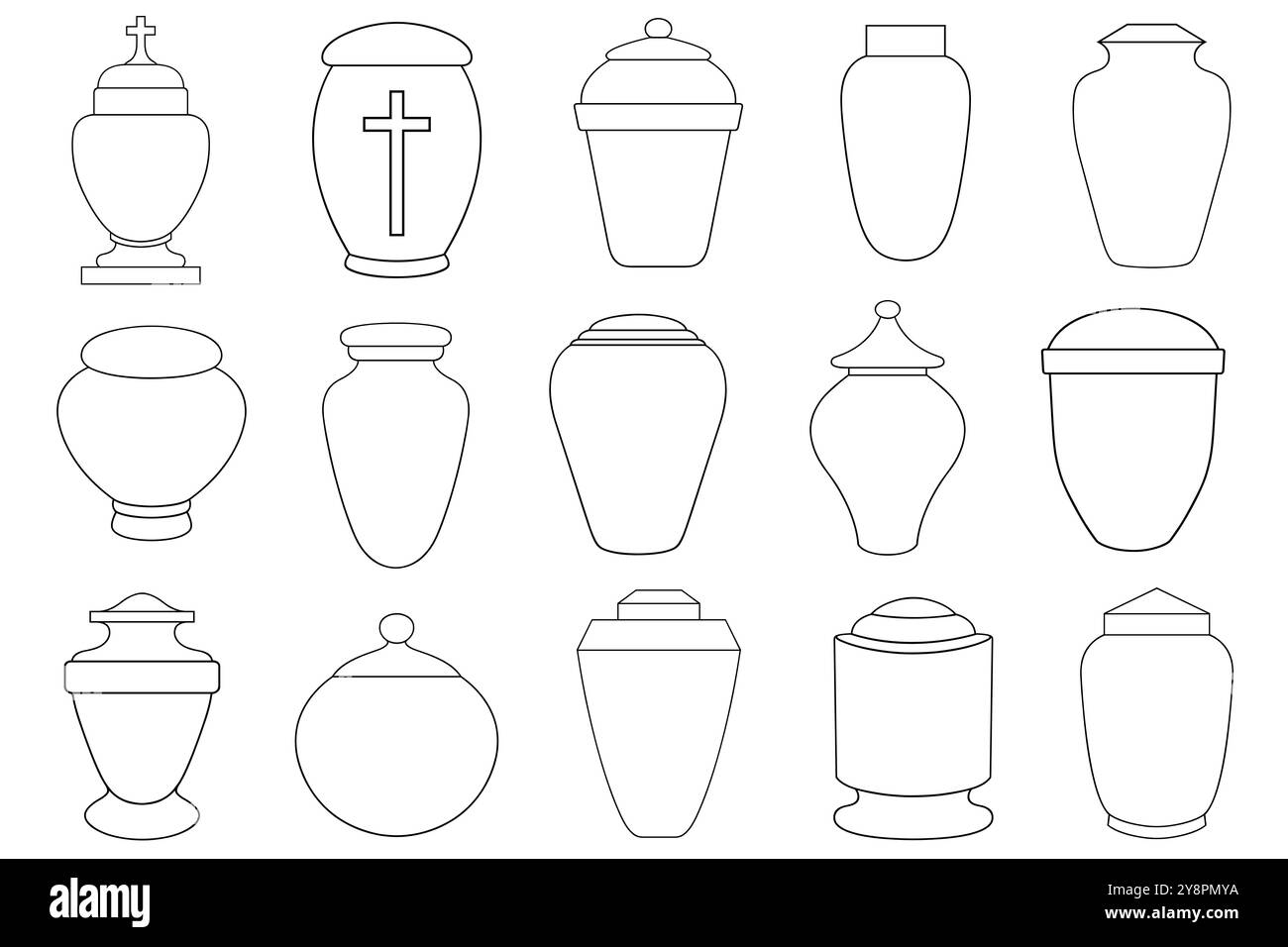 Eine Reihe verschiedener Bestattungsurnen, isoliert auf Weiß Stockfoto