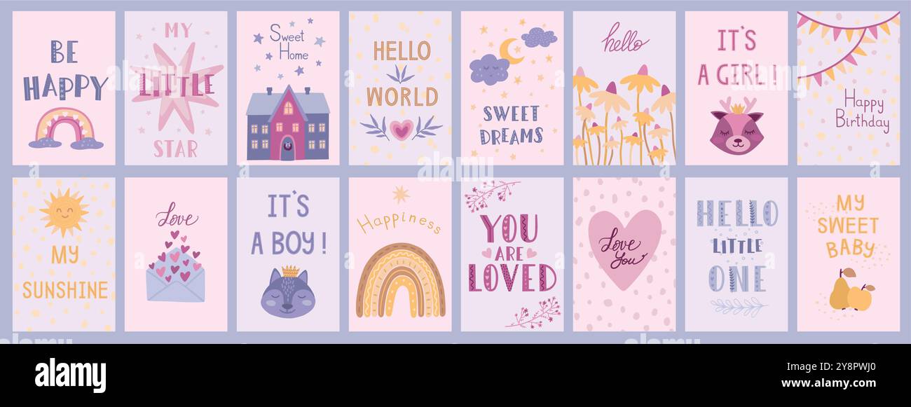 Kinderplakate. Boho-Baby-Grußkarten. Niedliche Kinderdrucke. Tiergesicht. Einfache skandinavische oder nordische Einrichtung. Regenbogen und Liebesherz. Himmel Sonnenschein. Süßes Zuhause. Geburtstagsflaggen. Vektor-Banner-Set Stock Vektor
