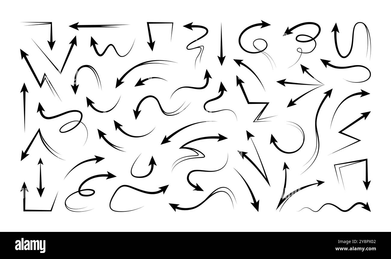 Handgezeichnete Pfeile. Kurvenkritzelsatz Bleistiftkontur Symbol schwarze Tintenelemente. Nach oben, nach unten Formen, Wachstumszeichen. Kollektion mit dekorativen Präsentationen und isolierten Elementen. Pinselstriche für Vektorskizzen Stock Vektor