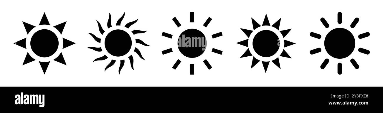 Sonnensymbole. Sonnenvektor-Symbol in schwarzer Farbe isoliert. Sun Icons Kollektion in Schwarz. Sonnensommer-Symbol isoliert auf weißem Hintergrund. Stock Vektor