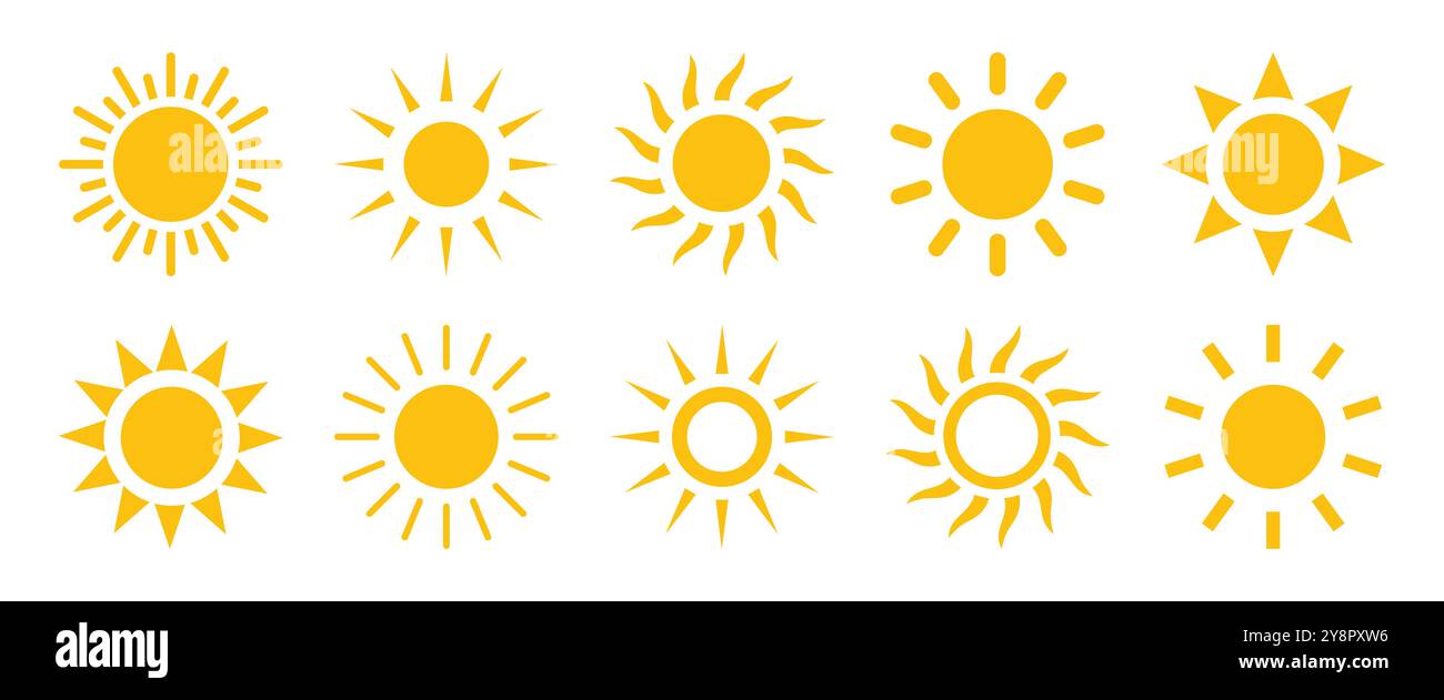 Sonnenvektorsymbole. Satz von 10 Sonnenvektor-Symbol Set in gelber Farbe isoliert Set. Sun Icon Kollektion. Sonnensommer-Ikone auf weißem Hintergrund. Stock Vektor