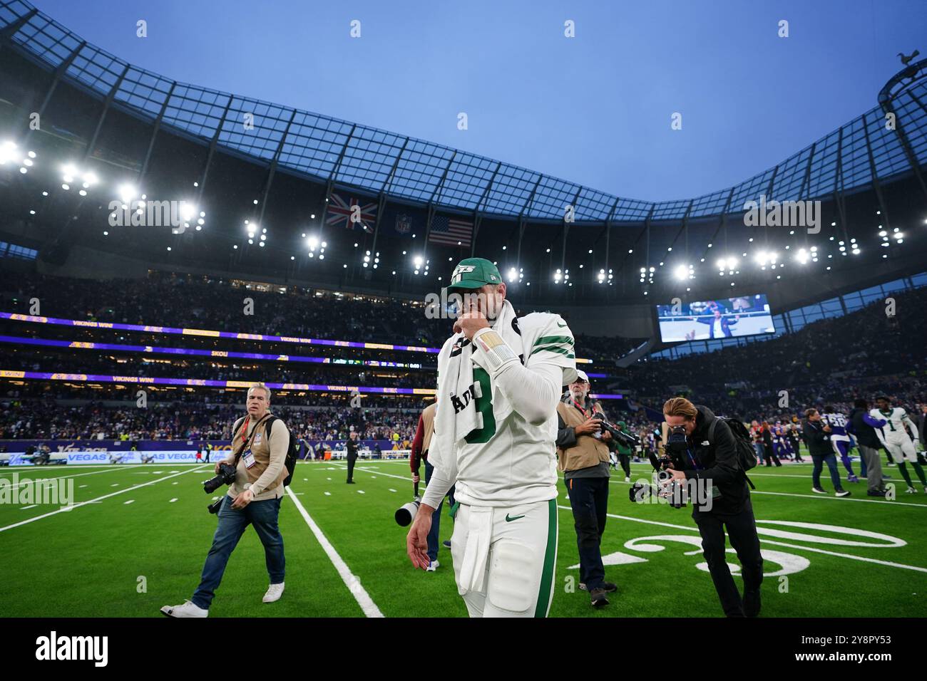 New York Jets' Aaron Rodgers nach dem NFL-Spiel im Tottenham Hotspur Stadium, London. Bilddatum: Sonntag, 6. Oktober 2024. Stockfoto