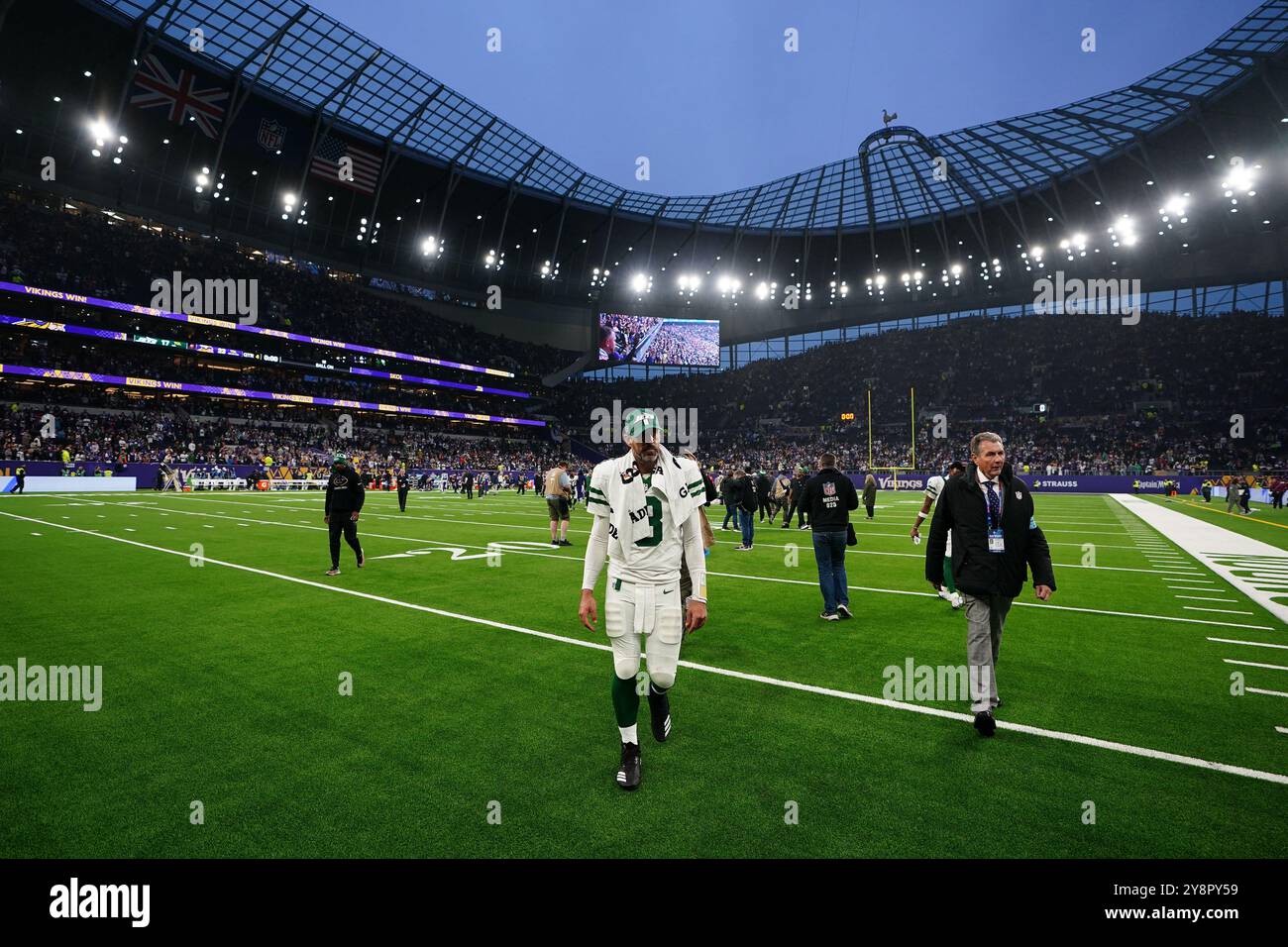 New York Jets' Aaron Rodgers nach dem NFL-Spiel im Tottenham Hotspur Stadium, London. Bilddatum: Sonntag, 6. Oktober 2024. Stockfoto