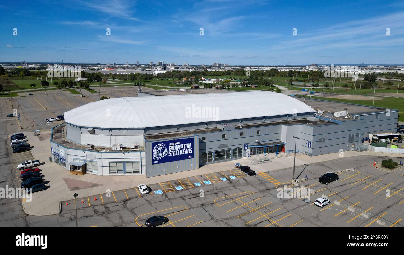 Brampton, Kanada. Oktober 2024. CAA Centre Luftaufnahme, das neue Zuhause der Brampton Steelheads nach ihrem Umzug aus Mississauga dieses Jahr Stockfoto
