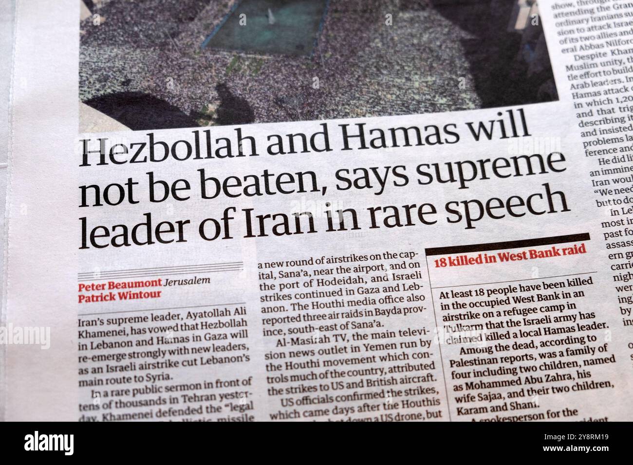 "Die Hisbollah und die Hamas werden nicht geschlagen werden, sagt der oberste Führer des Iran in Rare Speech" Guardian, titelt artikel 5. Oktober 2024 London UK Stockfoto