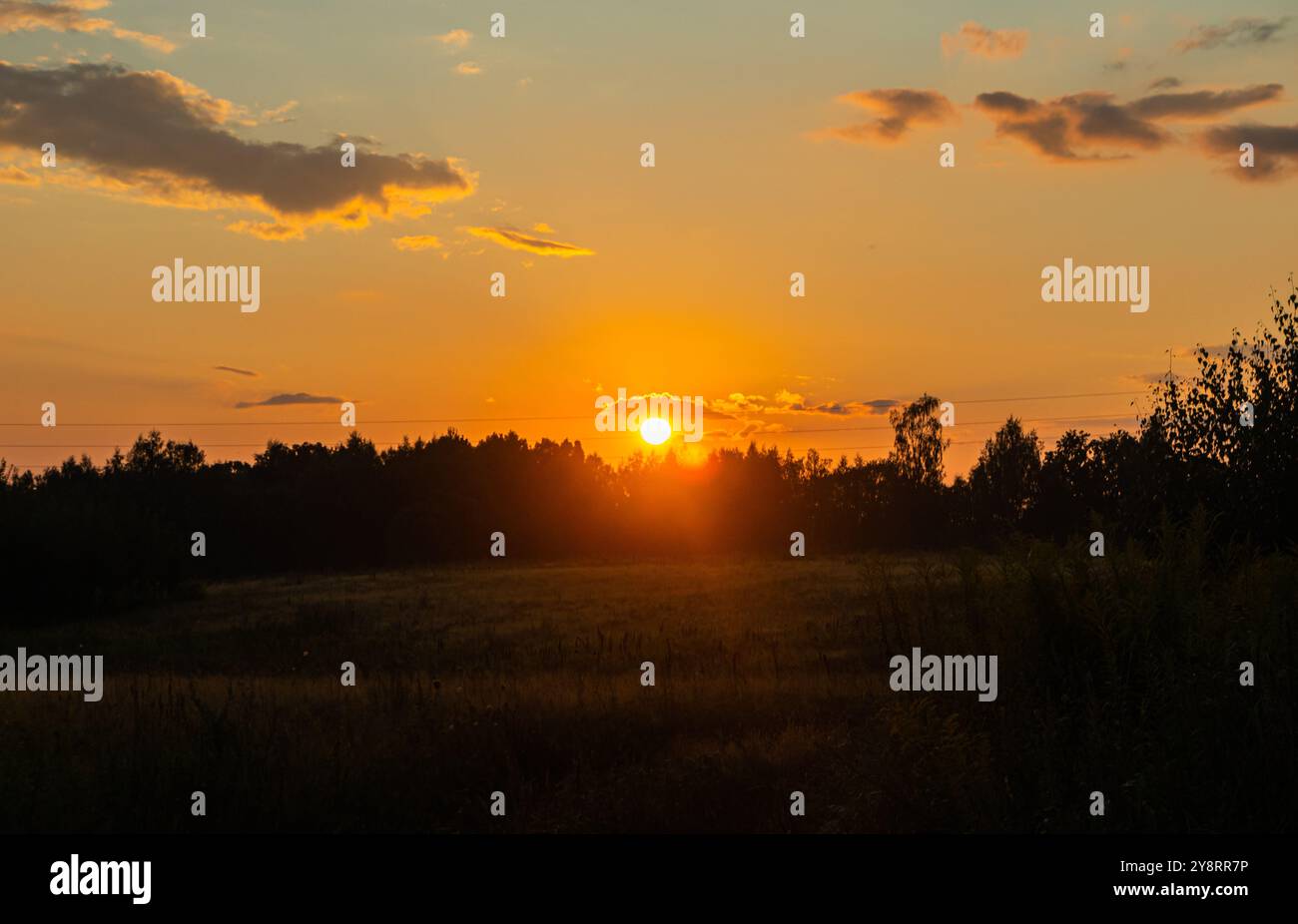 Ein romantisch schöner Abend bei Sonnenuntergang. Die Sonne ist orange geworden, färbt den ganzen Himmel, sie untergeht durch die Täler und versteckt die Bäume. Stockfoto