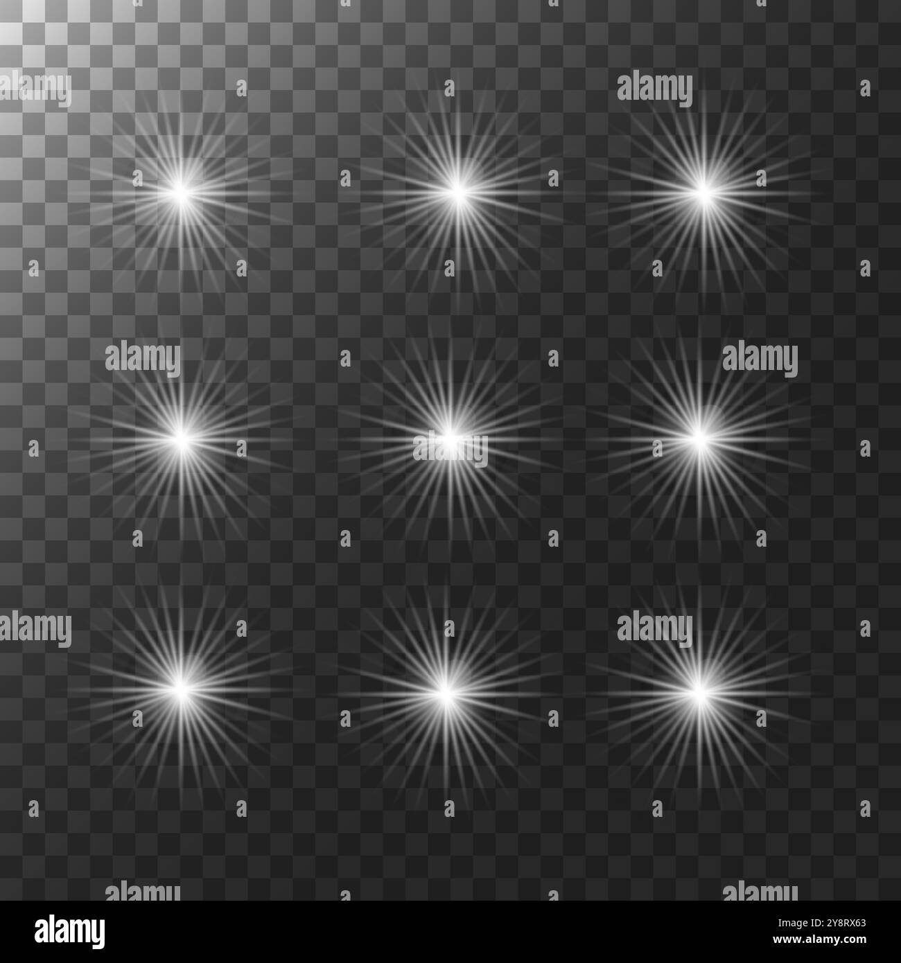 Helle, leuchtende Lichteffekte mit transparentem Hintergrund, perfekt für magische, fantasievolle oder himmlische Designs. Fügen Sie funkelnde Starbursts, Flares und hinzu Stock Vektor