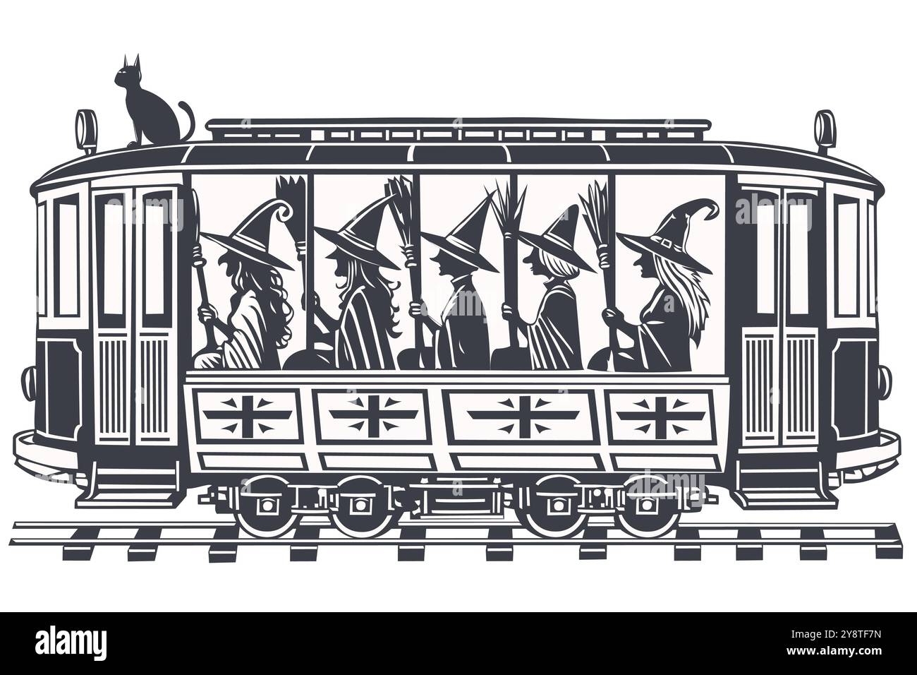 Hexen auf einer Vintage Tram, Vektor-Illustration Stock Vektor