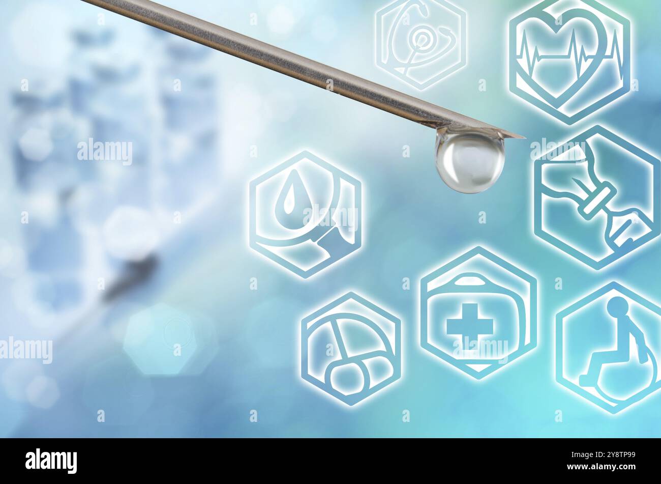 Medizinischer Hintergrund der hypodermischen Nadel mit Blob und Ikonen. Leerzeichen für Text Stockfoto