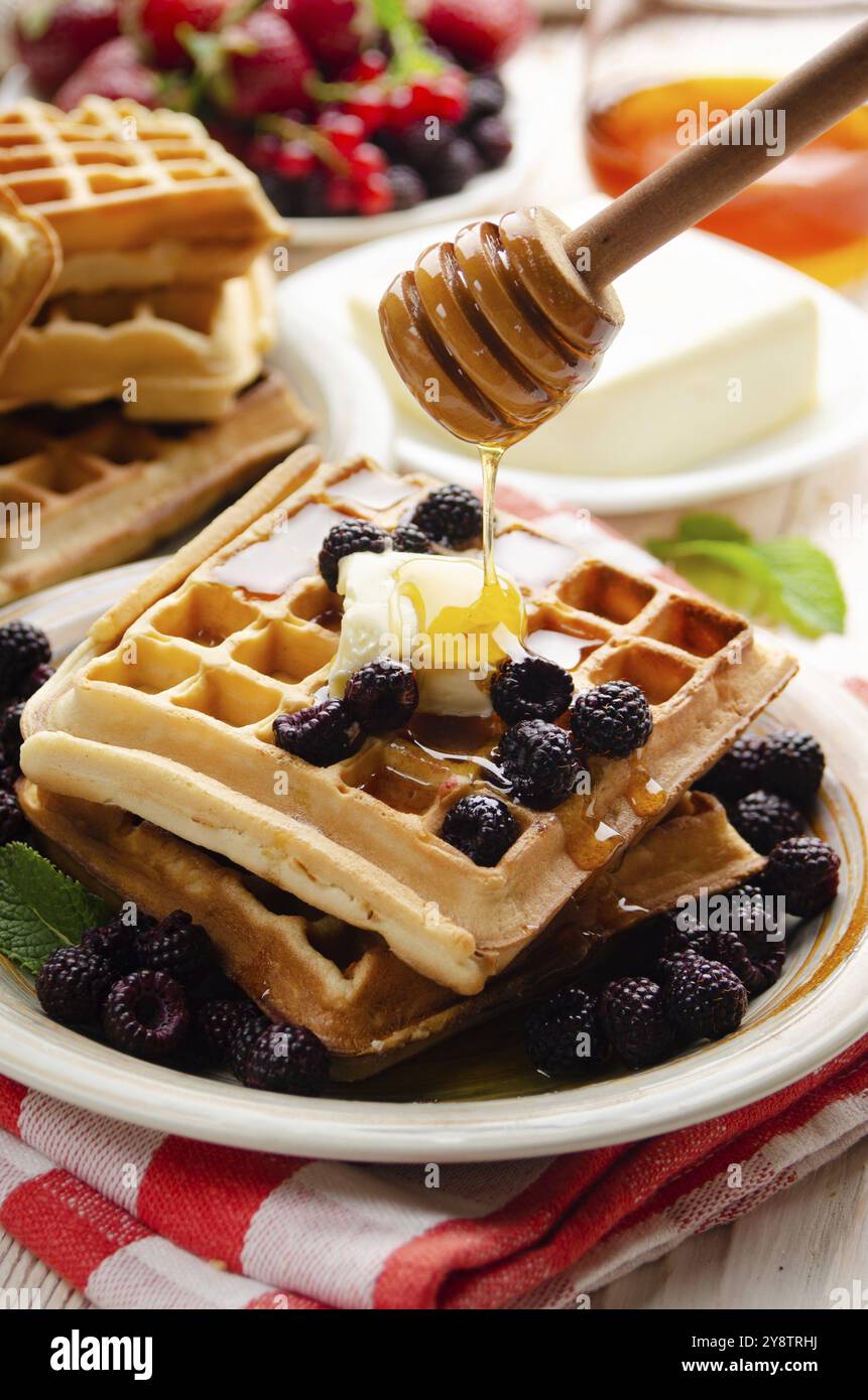 Belgische Waffeln serviert mit Brombeerbutter und Honig Stockfoto