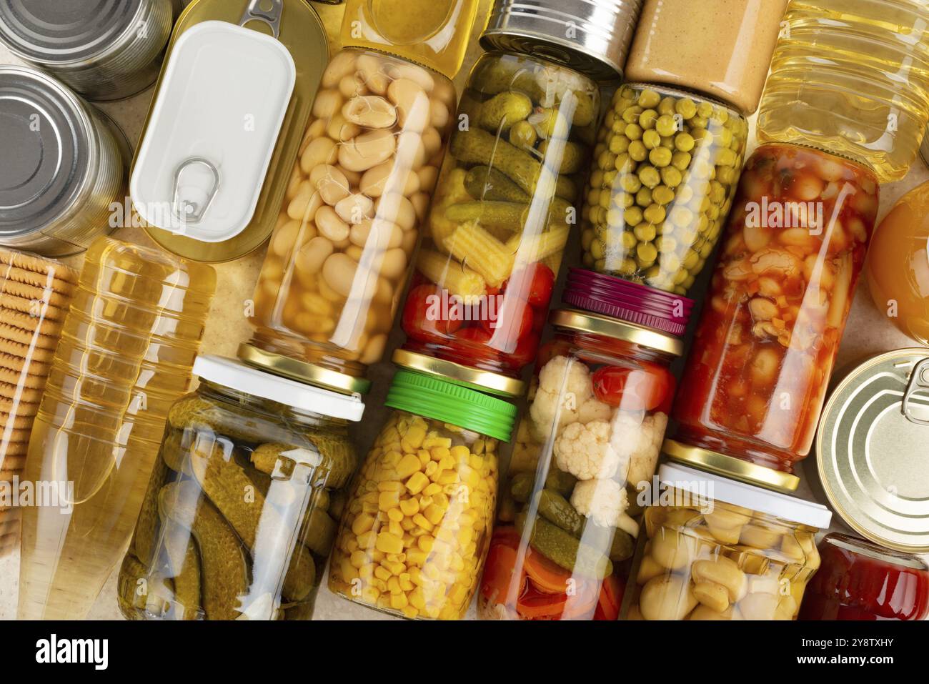 Notfall Lebensmittel Lebensmittel Hintergrund flach lag Stockfoto