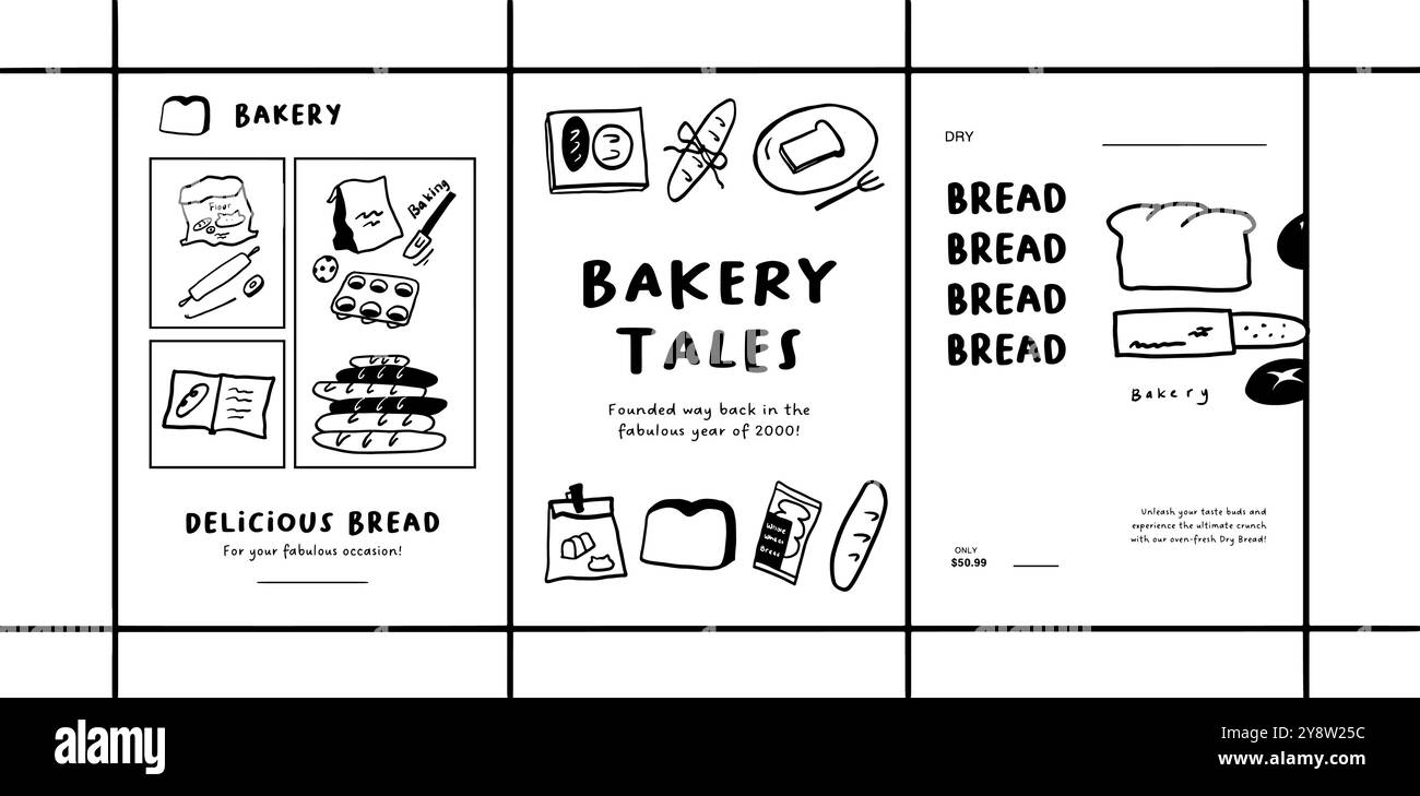 Handgezeichnetes Poster der Bäckerei mit Illustrationen aus Brot und Gebäck, perfekt für die Werbung für Bäckereispezialitäten, saisonale Leckereien oder Tagesangebote. Stock Vektor