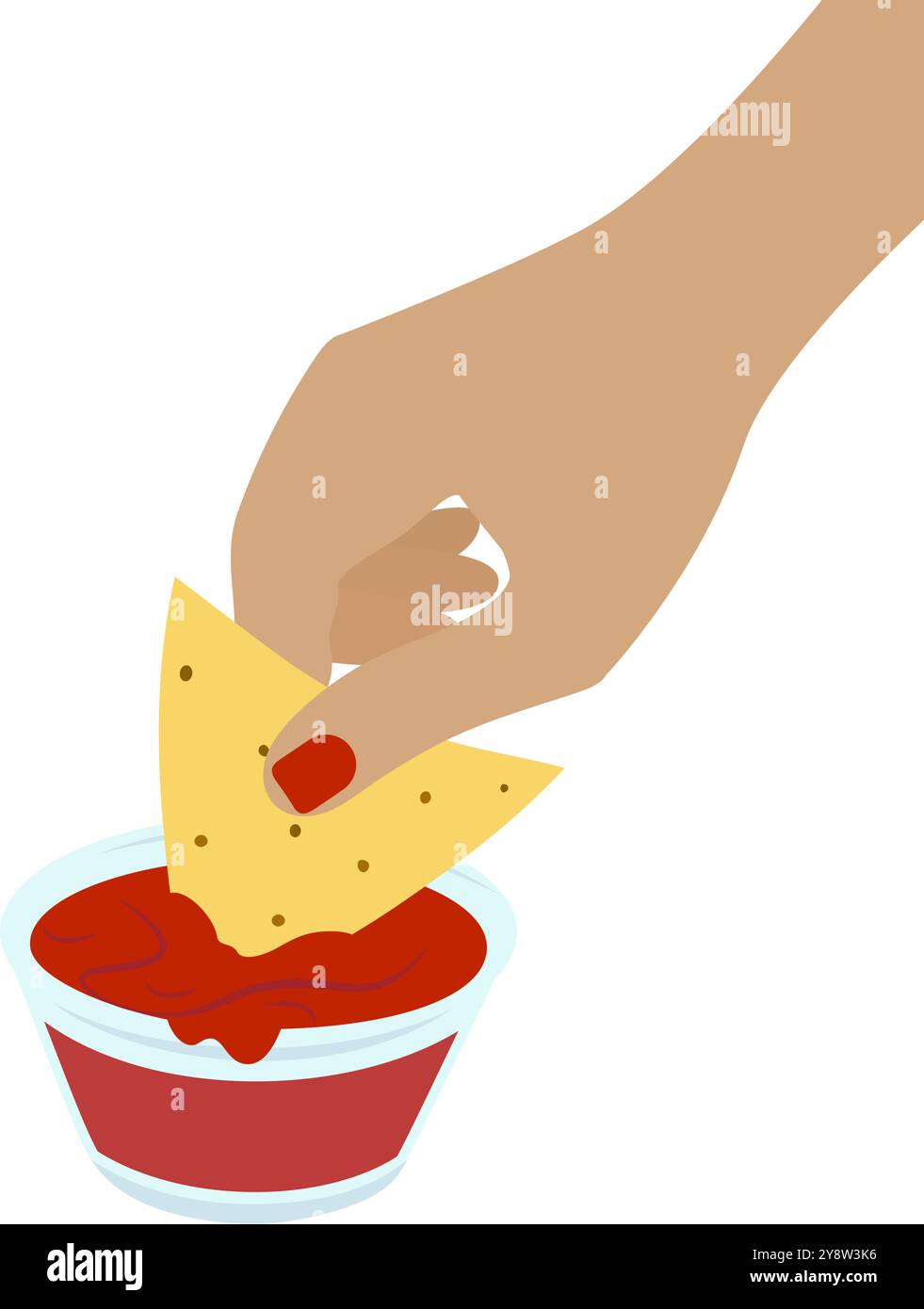 Weibliche Hand, die Maisnacho in einem Glas-Soße-Boot mit Salsa-Sauce taucht. Traditionelles mexikanisches Fast Food. Isolierte Vorderansicht. Vektor-Illustrationskarten, Poster, Banner, Broschüren, Menü, promotion oder Web, Tag Stock Vektor