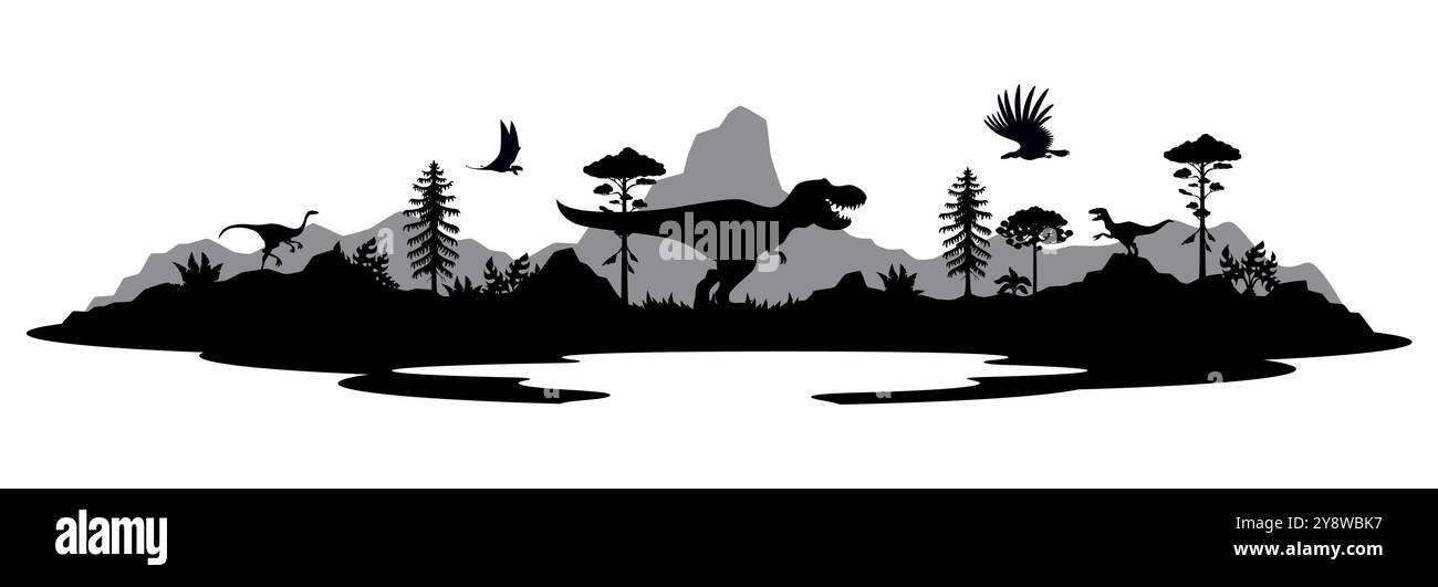 Monochrome prähistorische Dinosaurier Silhouetten von T Rex tyrannosaurus im Walddschungel, Vektorhintergrund. Prähistorische jurassische Riesenechsen und Dinosaurier mit Dino-Vögeln in der Silhouette des Waldbergs Stock Vektor