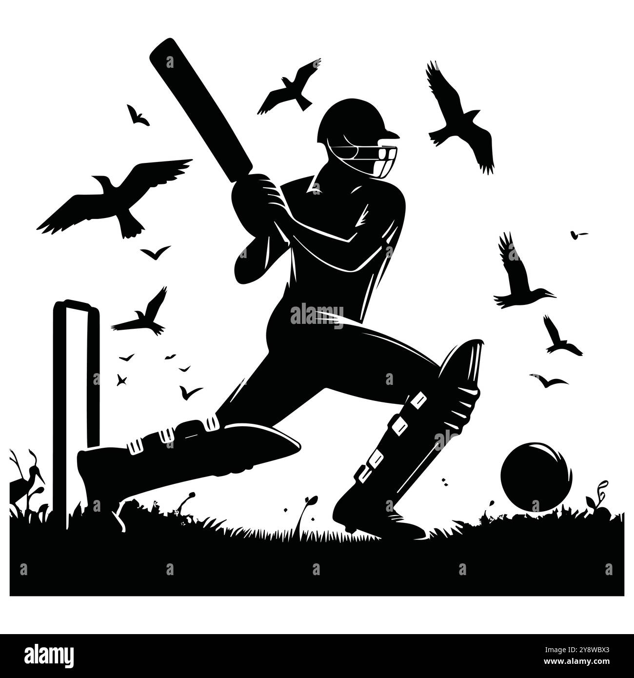 Schwarz-weiße Illustration, die einen Cricket-Spieler in Aktion festhält und die Bewegung und die Intensität des Sports betont, im schwarzen Vektordesign des Cricket-Spielers Stock Vektor