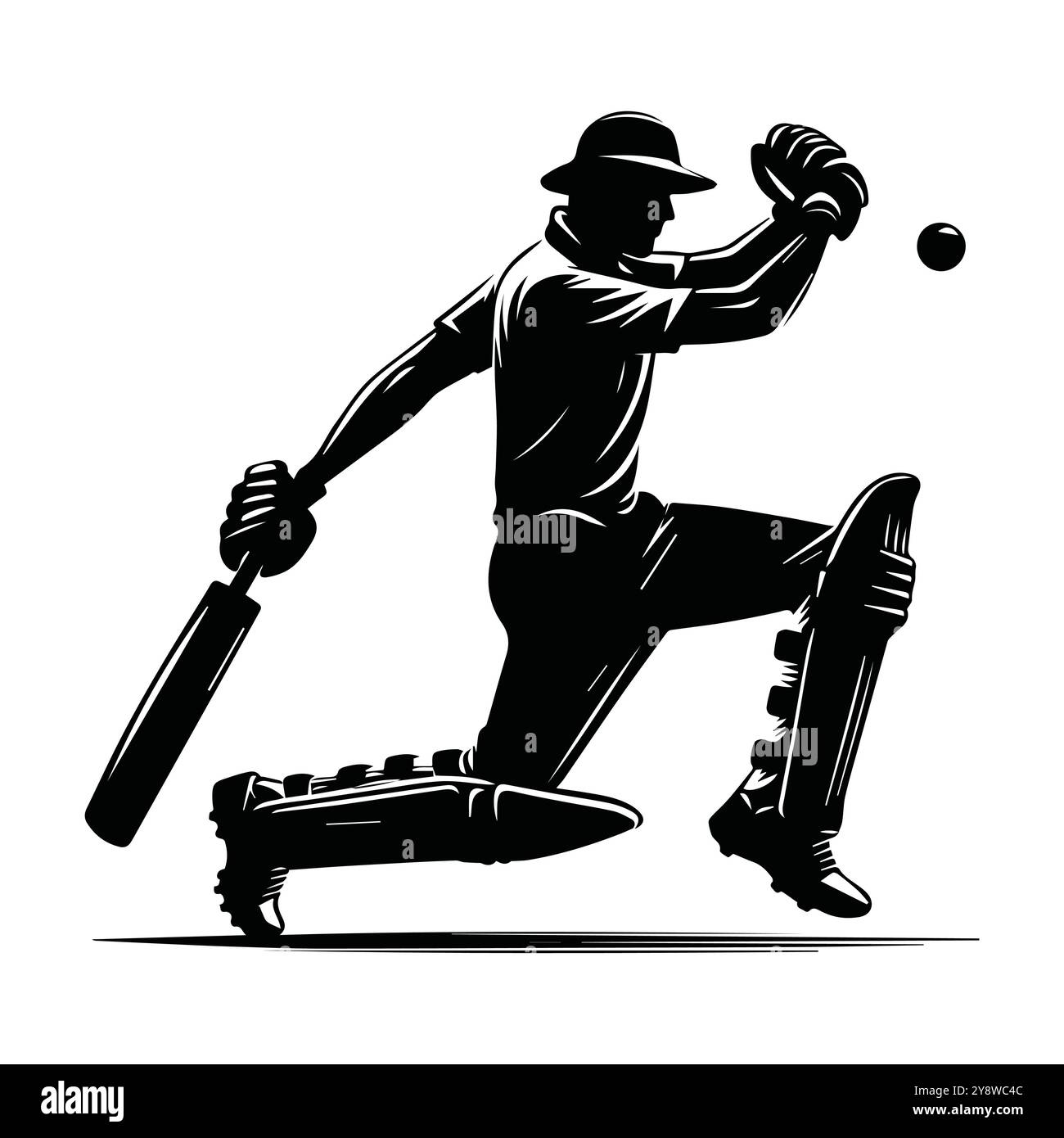 Schwarz-weiße Illustration, die einen Cricket-Spieler in Aktion festhält und die Bewegung und die Intensität des Sports betont, im schwarzen Vektordesign des Cricket-Spielers Stock Vektor