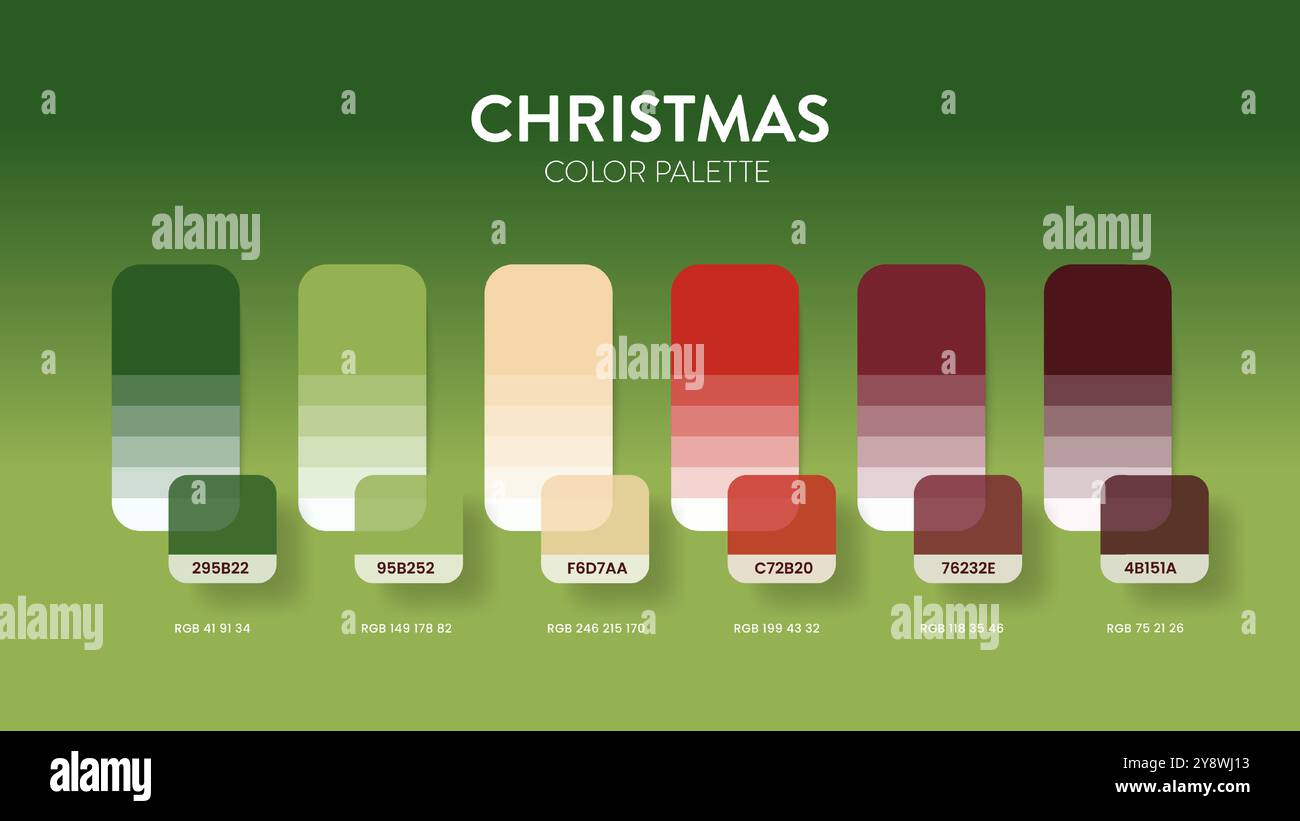 Farbpaletten oder Farbschemata für Weihnachtsmotive sind Trendkombinationen und Palettenleitfäden dieses Jahr, eine Tabelle Farbschattierungen in RGB oder HEX. Ein Farbschwader Stock Vektor