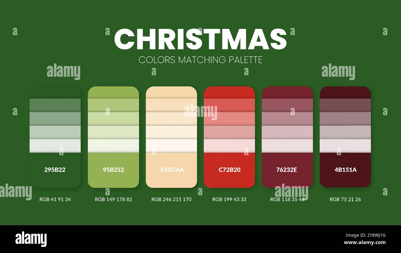 Farbpaletten oder Farbschemata für Weihnachtsmotive sind Trendkombinationen und Palettenleitfäden dieses Jahr, eine Tabelle Farbschattierungen in RGB oder HEX. Ein Farbschwader Stock Vektor