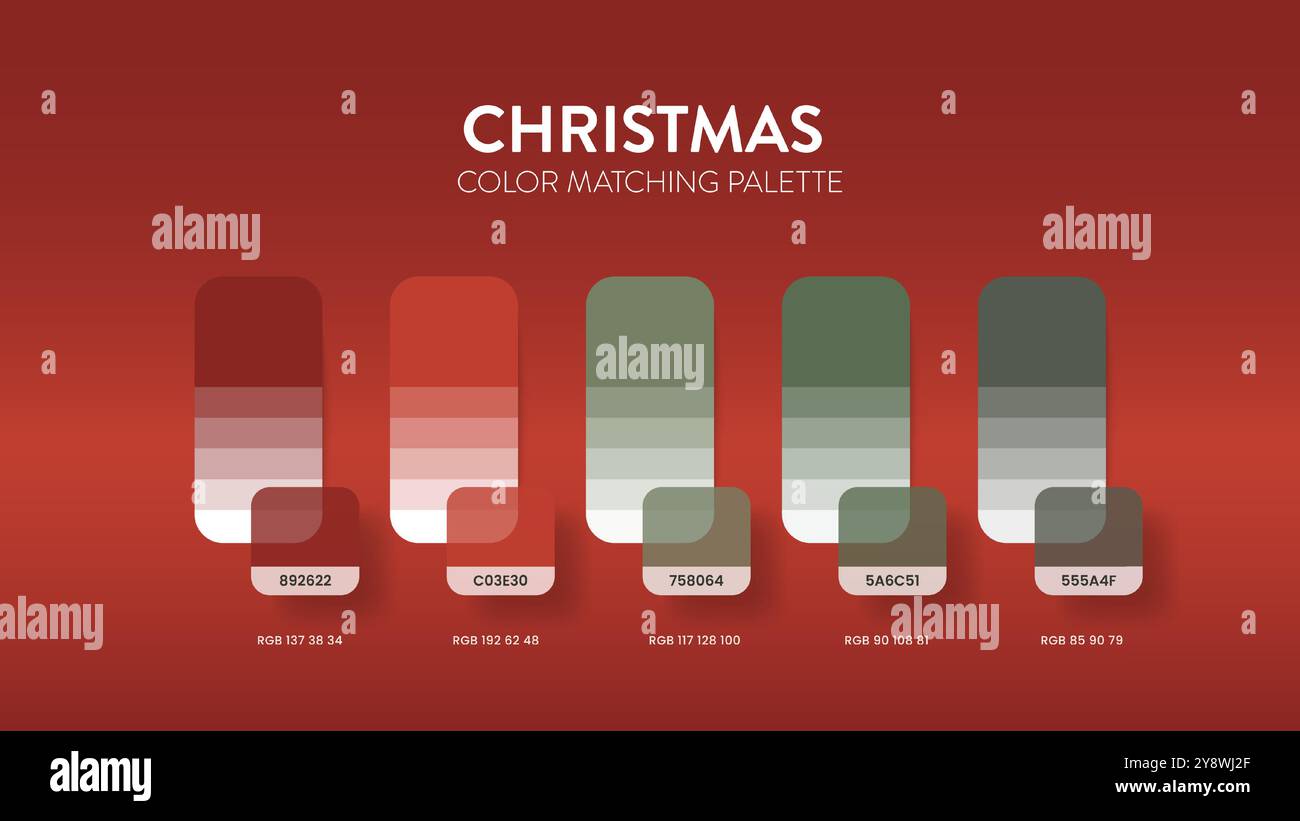 Farbpaletten oder Farbschemata für Weihnachtsmotive sind Trendkombinationen und Palettenleitfäden dieses Jahr, eine Tabelle Farbschattierungen in RGB oder HEX. Ein Farbschwader Stock Vektor