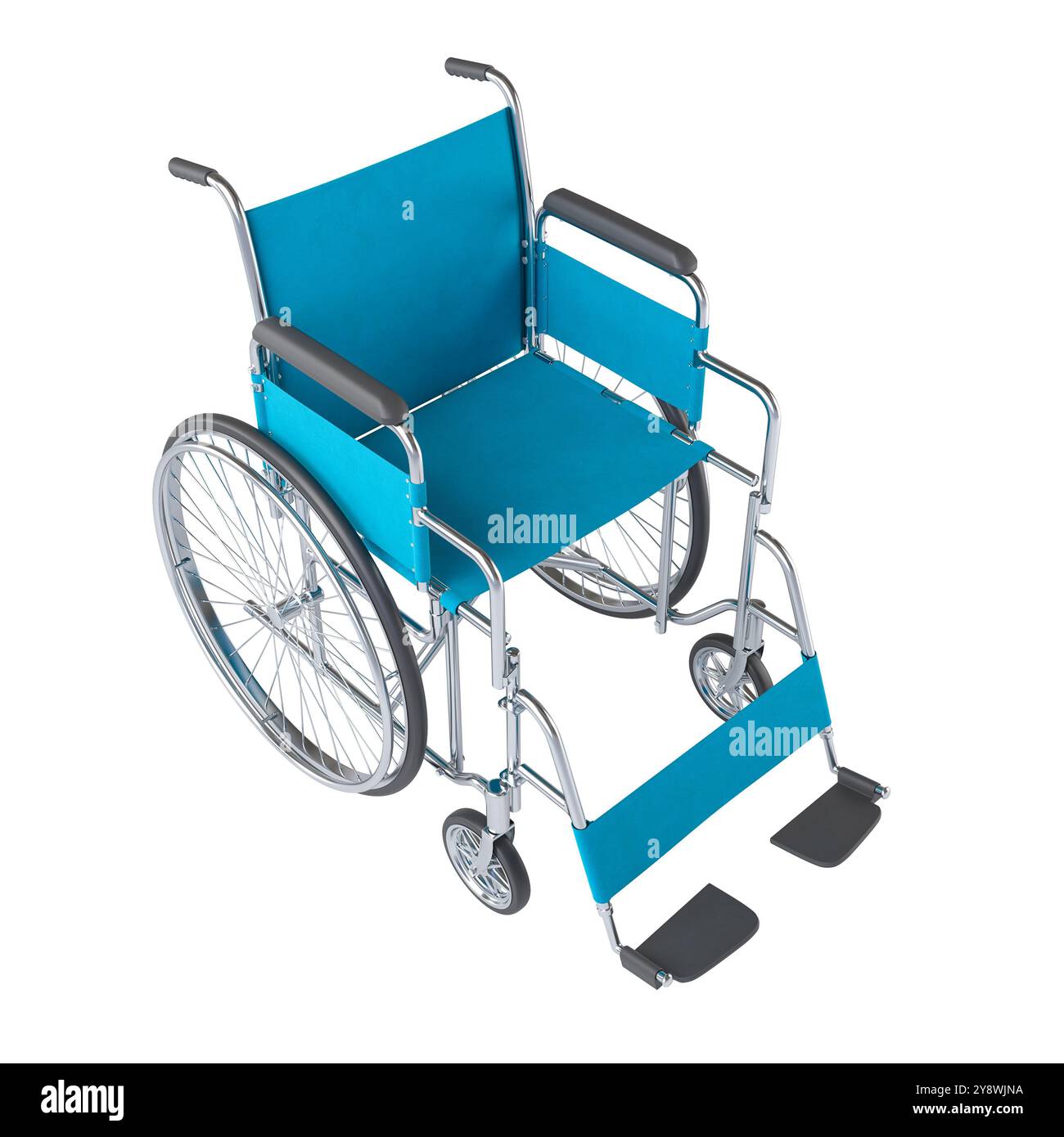 Hochwinkelansicht eines blauen Rollstuhls isoliert auf einem transparenten Hintergrund 3D Stockfoto