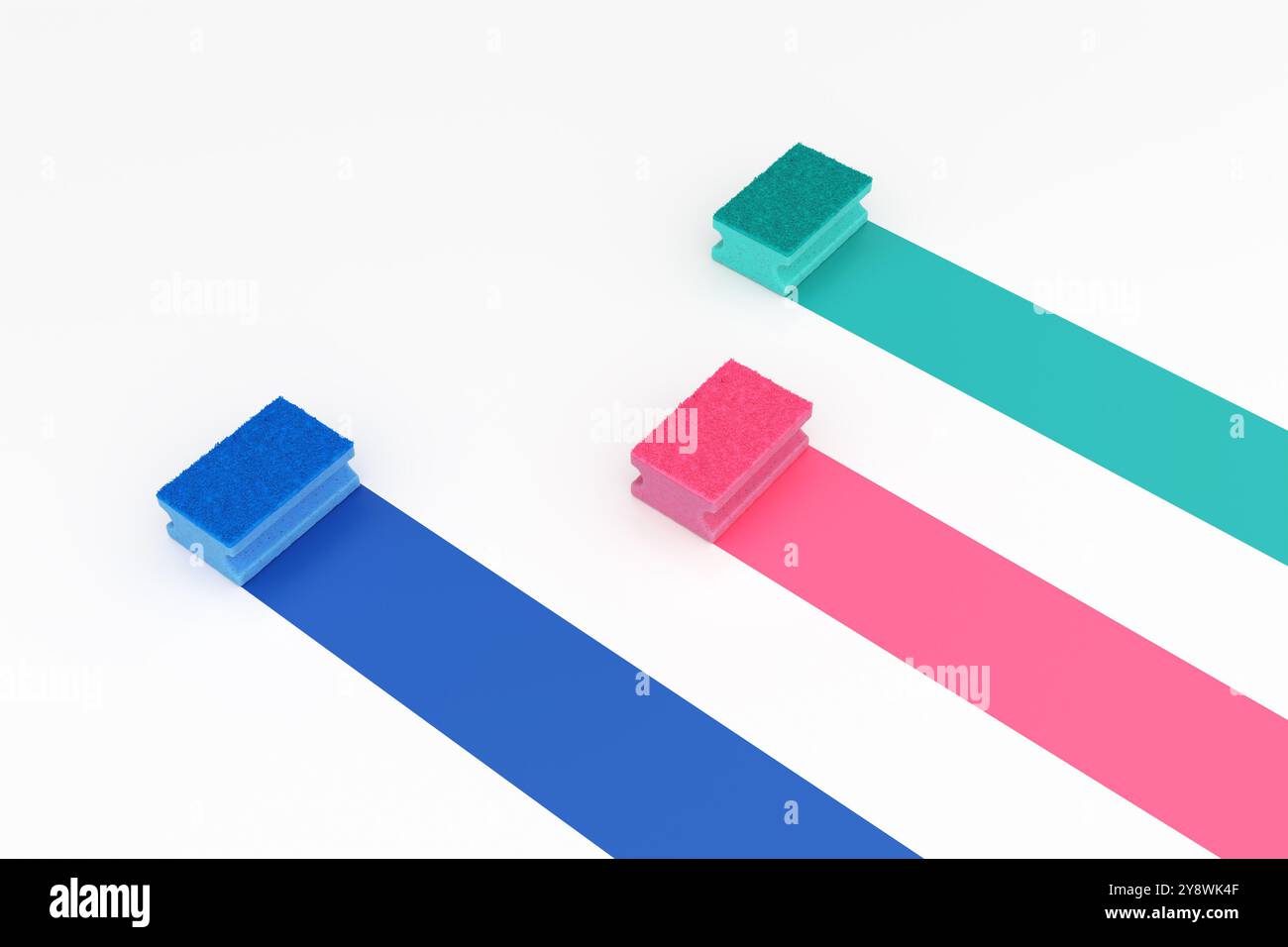 Scheuerschwämme mit blauen und rosa Pads, die auf weißem Hintergrund konkurrieren. 3D-Rendering. Stockfoto