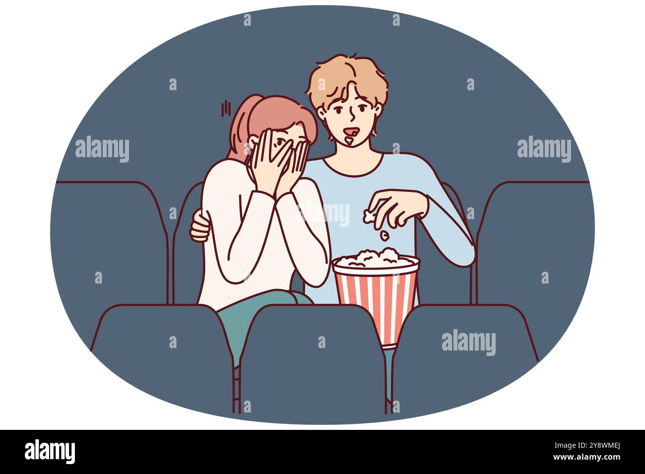 Der Typ und das Mädchen sehen sich Horrorfilme im Kino an und essen Popcorn und genießen Filme über Vampire. Ängstliche Frau schließt die Augen mit Händen, sitzt im Kino neben einem Mann und sieht sich mit Interesse Horrorfilme an Stock Vektor