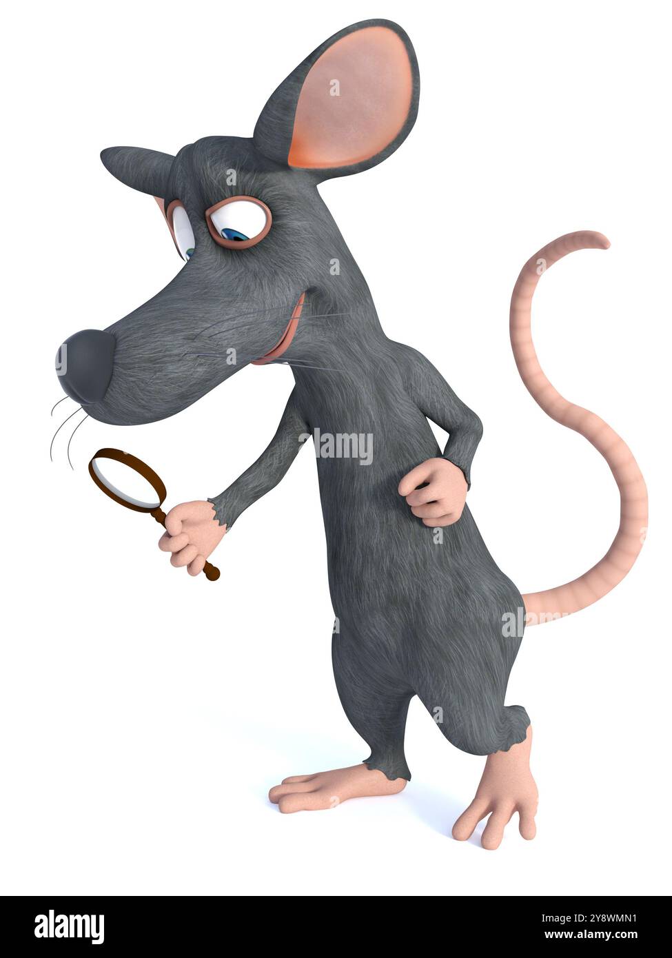 3D-Rendering einer niedlichen lächelnden Comic-Maus, die eine Lupe hält und etwas untersucht. Weißer Hintergrund. Stockfoto