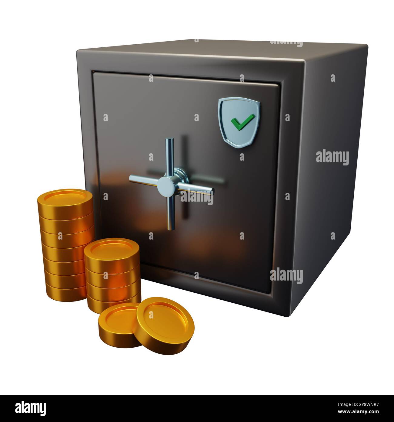 3D-Symbol des Tresors mit Goldmünzen. 3D-Illustration für Finanz- und Bankwesen auf weißem Hintergrund. Stockfoto