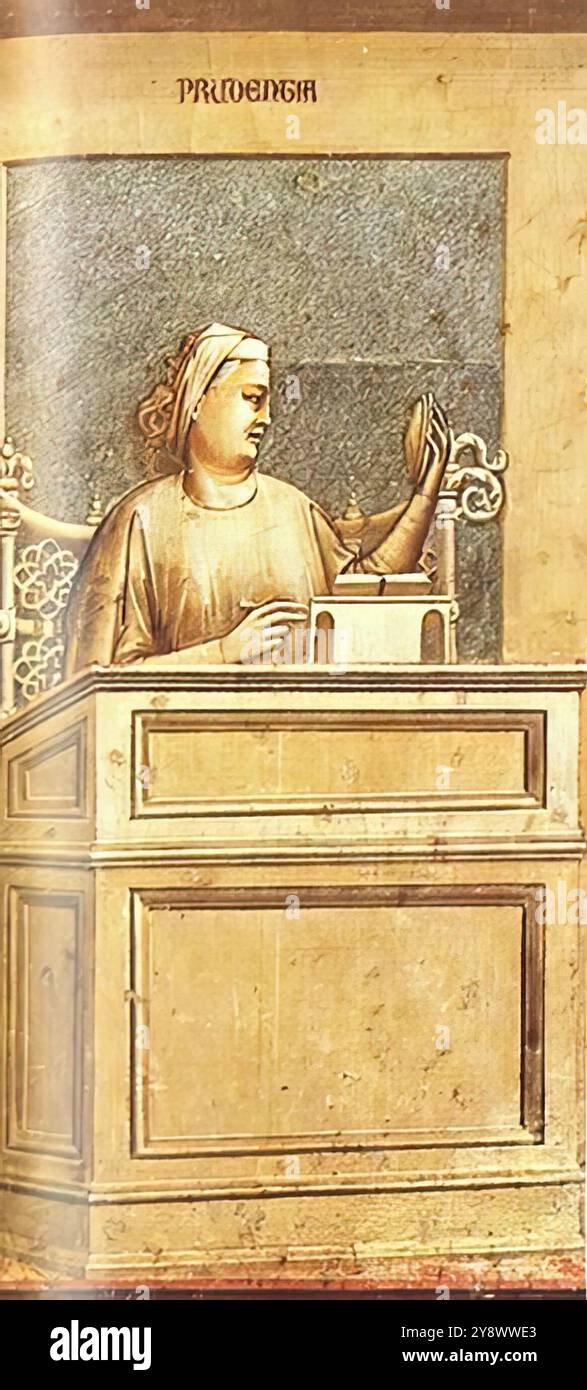GIOTTO di Bondone (* 1267, Vespignano, d. 1337, Firenze) Nr. 40 die Sieben Tugenden: Prudence 1306 Fresco, 120 x 60 cm Cappella Scrovegni (Arena-Kapelle), Padua die Aufnahme der Sieben Tugenden und Sieben Vizen in die Kapelle erfolgte im Einklang mit dem didaktischen Programm vieler Dekorationsschemata des 13. Und 14. Jahrhunderts. Es gibt einen prosaischen Aspekt dieser Werke im Vergleich zum erhabenen Erzählton der Szenen des Lebens Christi. Dieser prosaische Aspekt wurde oft als Fehler angesehen, was wiederum zu einer gewissen Skepsis gegenüber Giottos Autor geführt hat Stockfoto